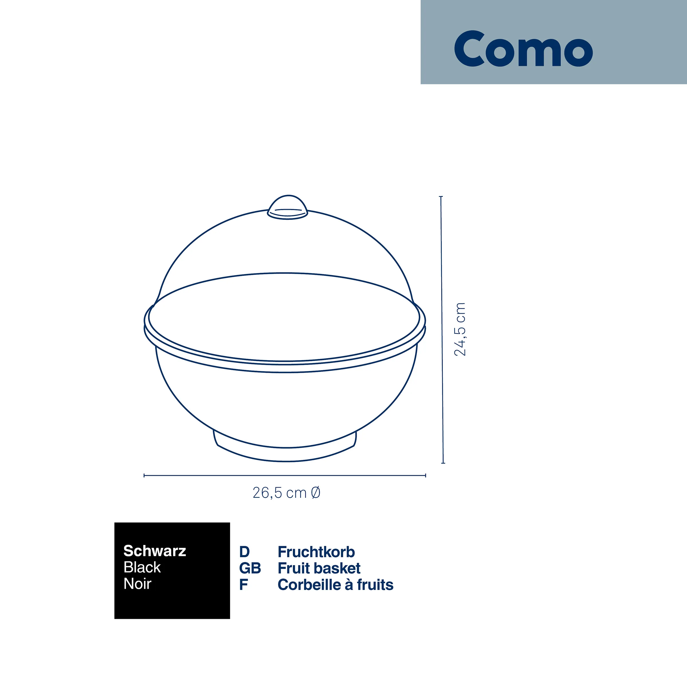 Como Fruchtkorb Schwarz mit Deckel - Technische Produktzeichnung Como Fruchtkorb in Schwarz mit Deckel, technische Zeichnung mit Maßangaben 26,5 cm Durchmesser und 24,5 cm Höhe