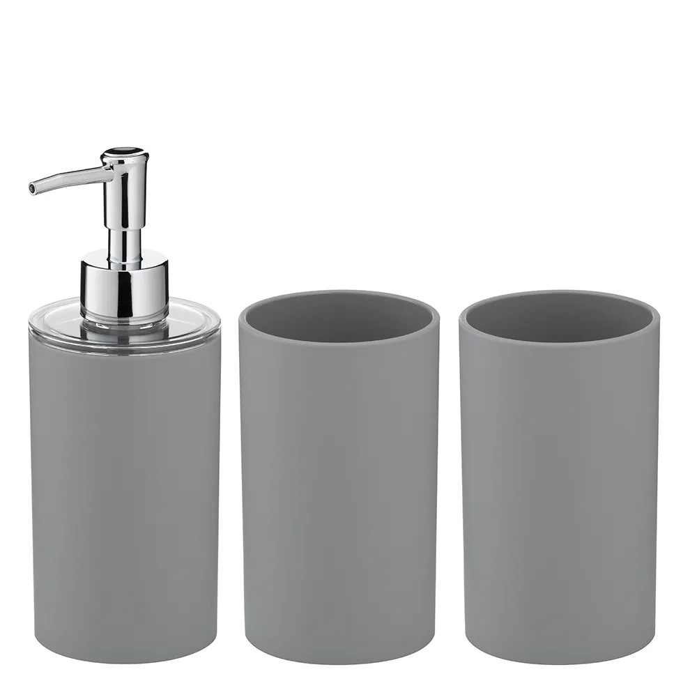 Graues Badezimmer-Accessoire-Set aus drei Teilen: Seifenspender und zwei Becher mit Chromdetails