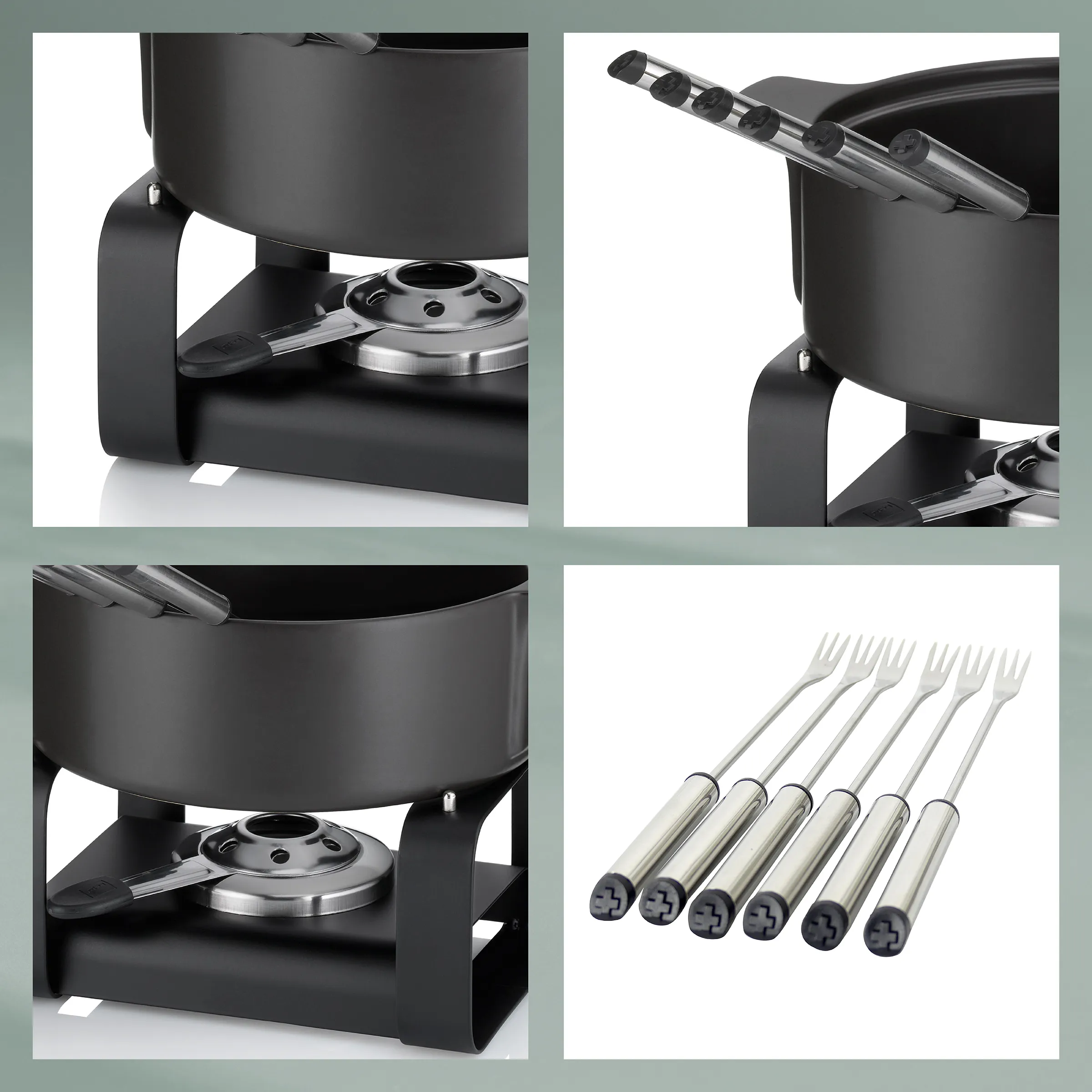 Fondue-Set mit Edelstahl-Brenner und Fonduegabeln - Küchengerät für Käsefondue Fondue-Set mit schwarzem Topf, Edelstahl-Brenner und sechs Fonduegabeln in Detailansicht