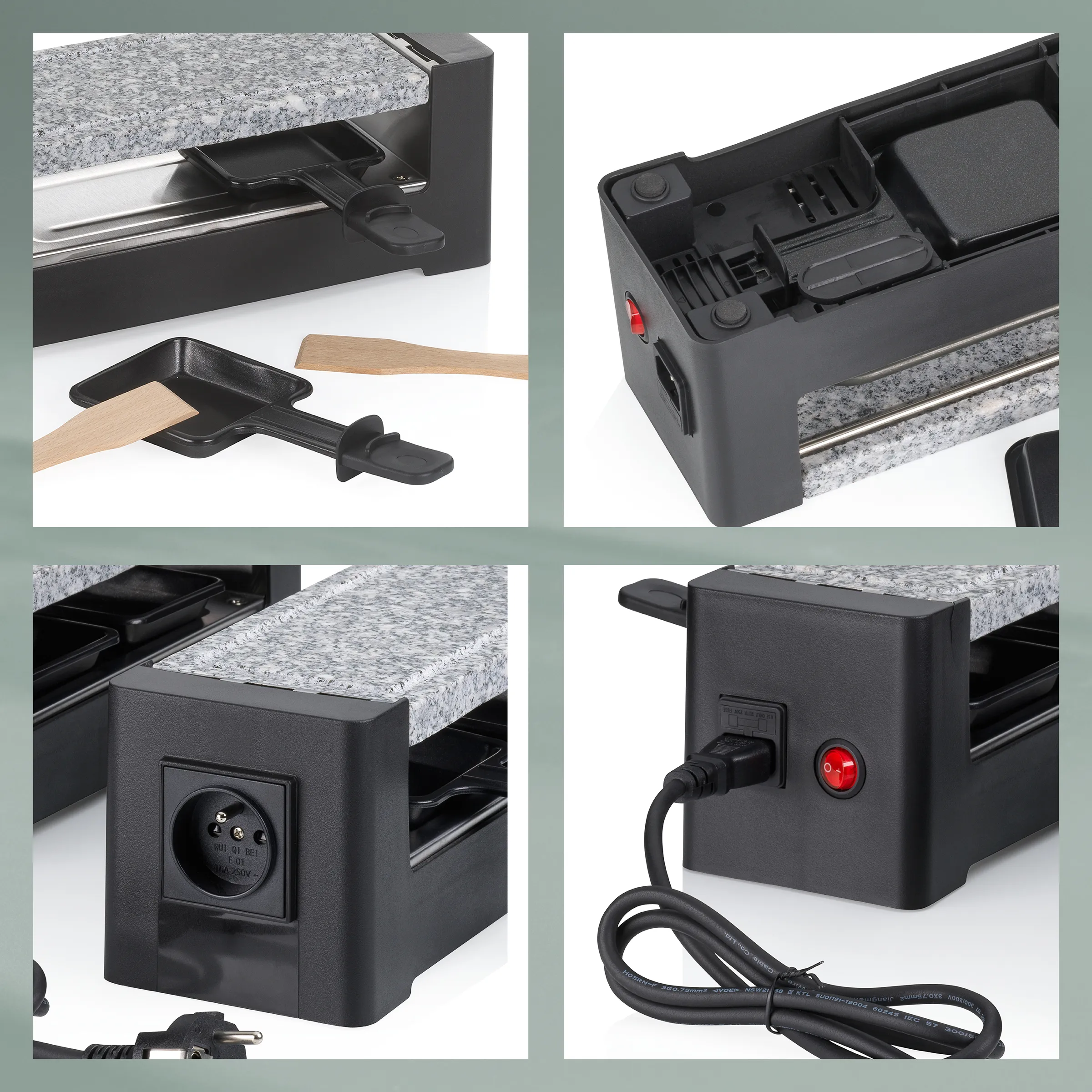 Raclette-Grill mit Granitplatte, Pfännchen und Spatel im Detail - Steckdose und roter Ein-/Aus-Schalter sichtbar