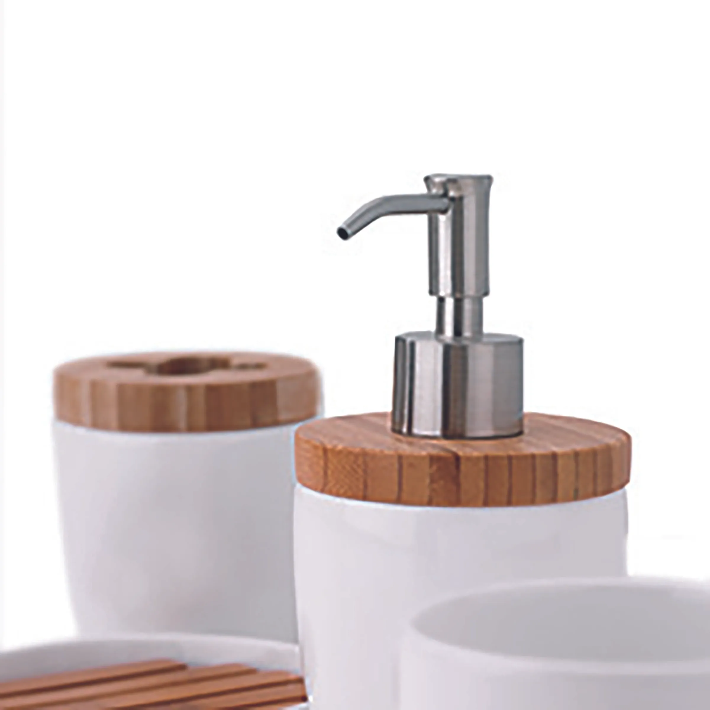 Badezimmer Set Seifenspender Zahnputzhalter Holz Badezimmer-Set mit weißer Keramik, Holzdeckeln und Edelstahl-Seifenspender