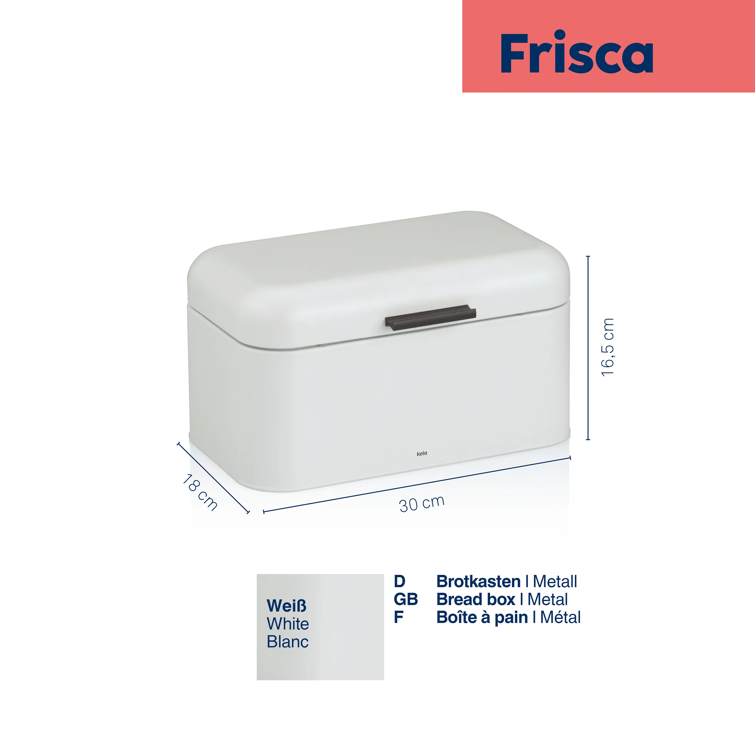 Frisca Brotkasten Metall Weiß - Moderne Brotkiste Weiße Brotkasten aus Metall von Frisca mit abgerundeter Form, Deckel und Griff. Maße: 30 cm x 18 cm x 16,5 cm.
