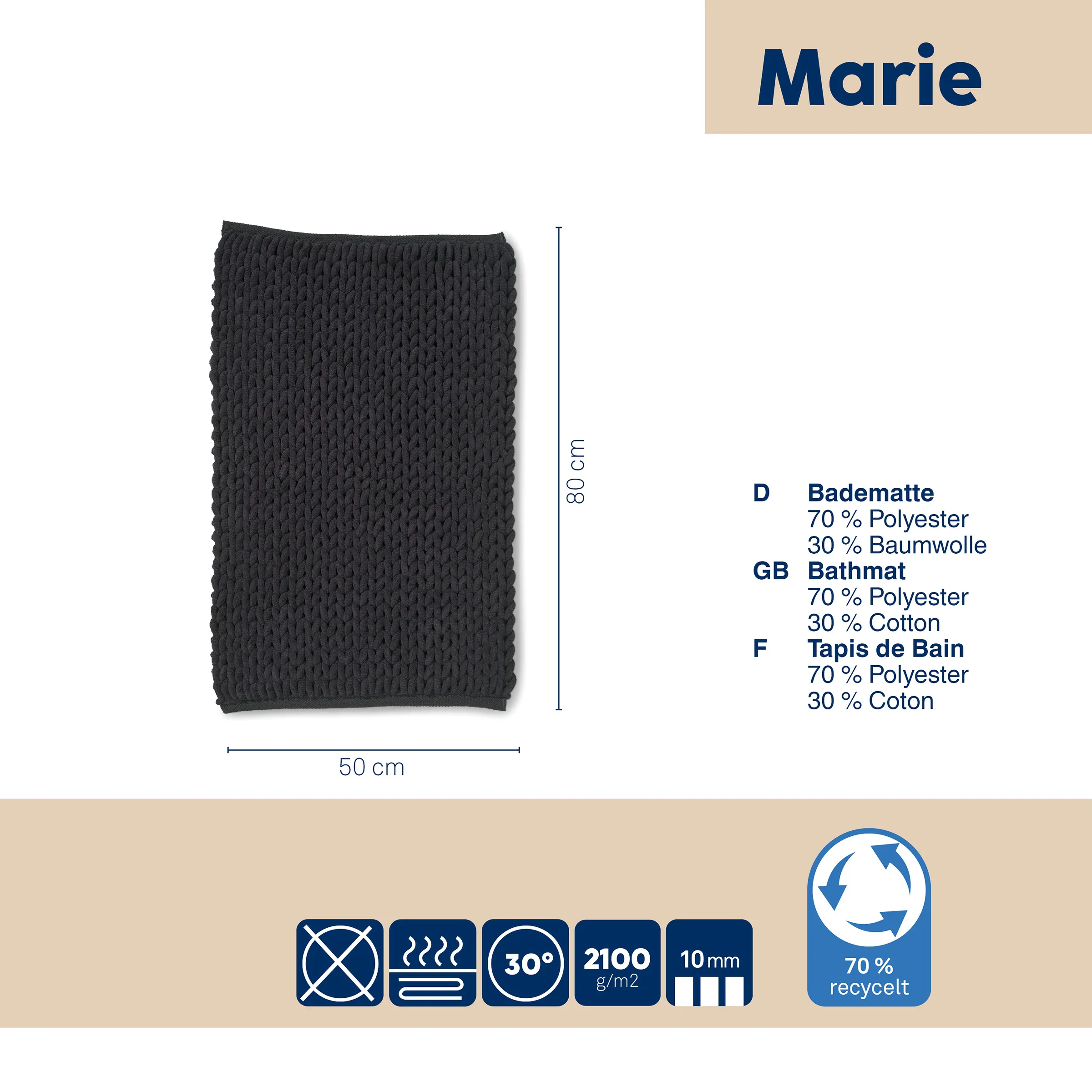 Badematte Marie Dunkelgrau 50x80 cm - Gestrickte Badezimmermatte aus Polyester-Baumwolle Badematte Marie in Dunkelgrau, 50x80 cm, gestrickte Oberfläche, 70% Polyester 30% Baumwolle, waschbar bei 30°