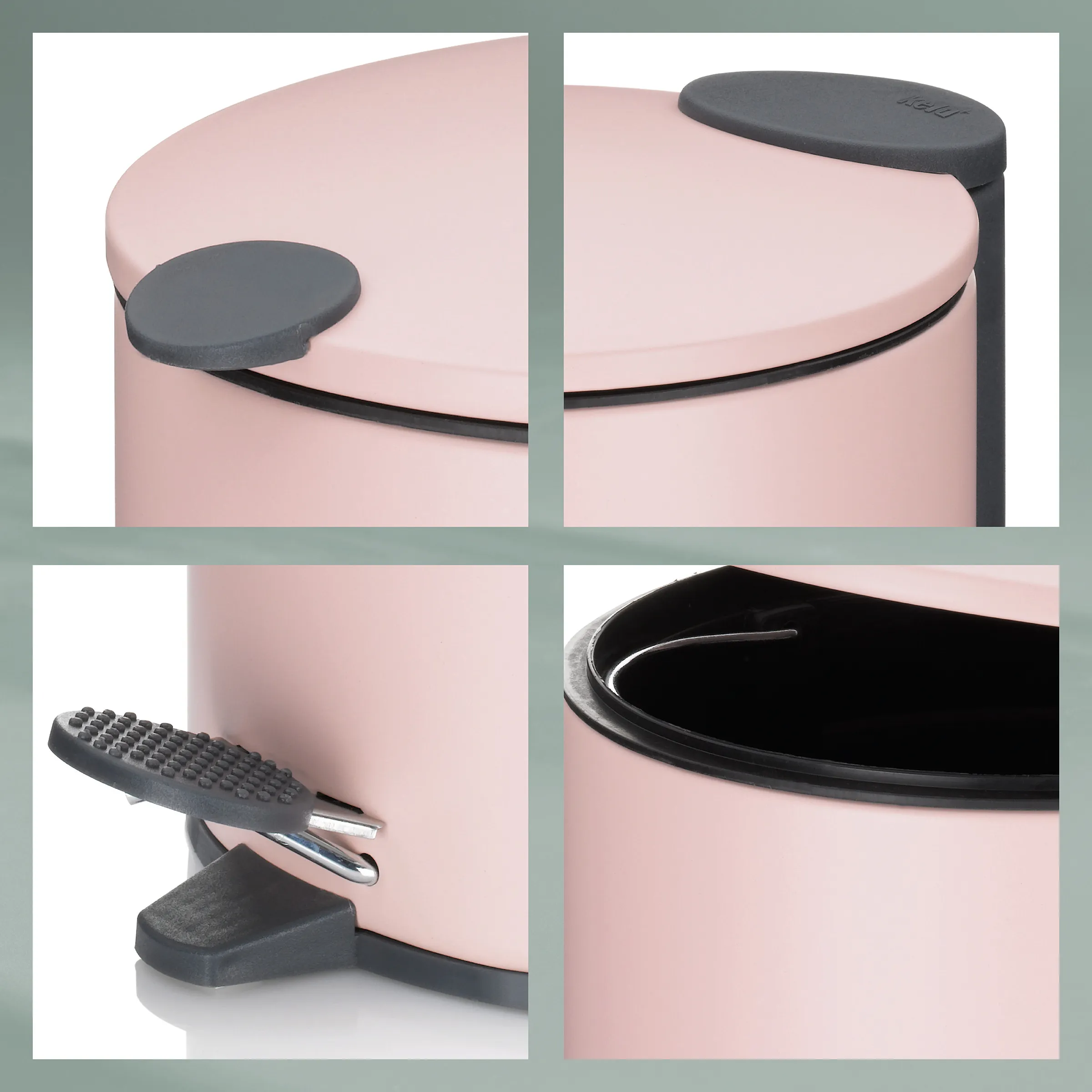 Treteimer rosa mit Pedal und Deckel - Mülleimer Küche Bad Rosa Treteimer mit schwarzem Deckel und Pedal, Detailansichten von Deckel, Pedalmechanismus und Öffnung