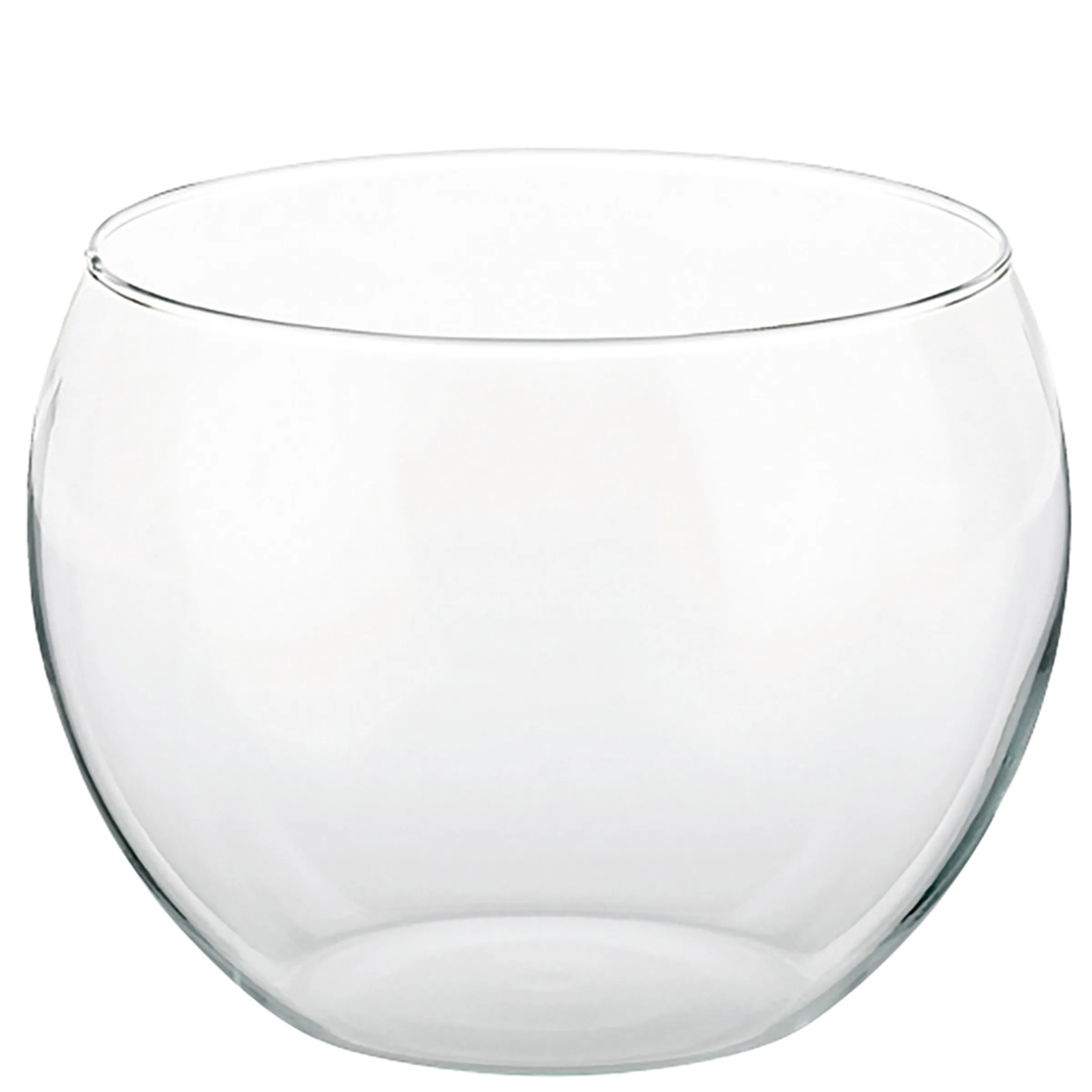 Trinkglas Glas transparent elegant Leeres, durchsichtiges Glas mit rundlicher Form und glatter Oberfläche vor weißem Hintergrund