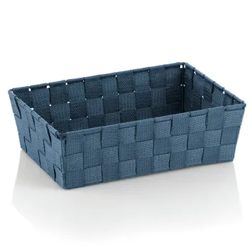 Blauer Aufbewahrungskorb aus gewebtem Material mit geflochtener Struktur und Griffen an den Seiten.