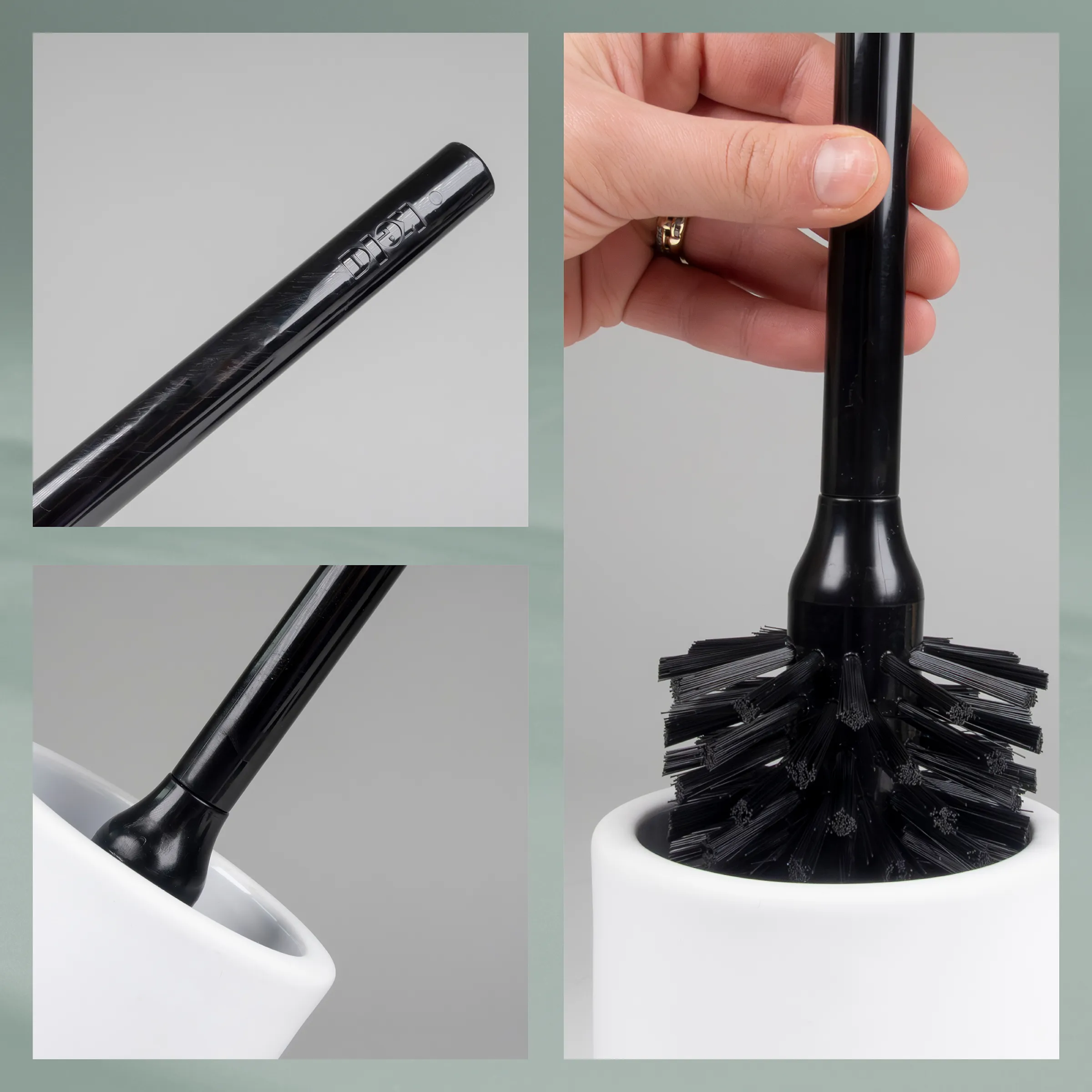Schwarze Wimpernbürste mit weißem Behälter, verschiedene Ansichten des Produkts und der Anwendung