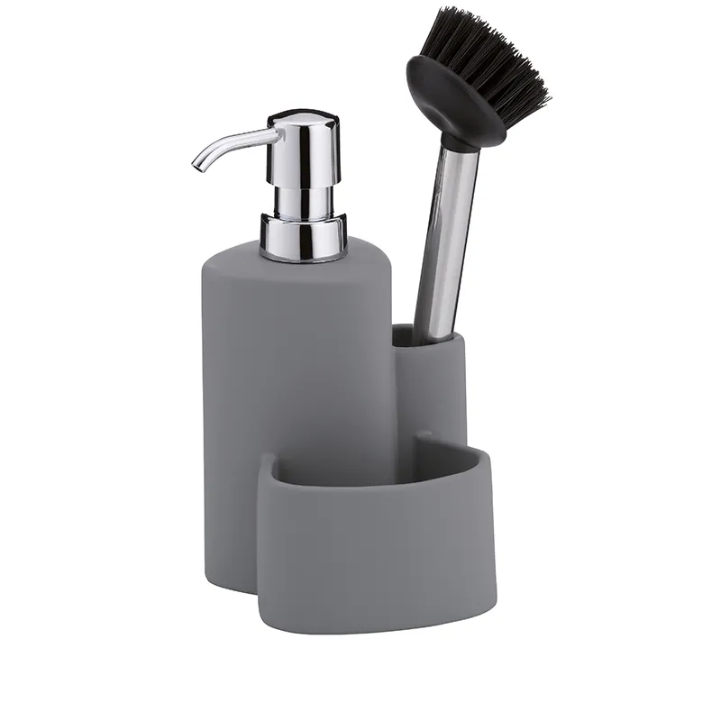 Graues Küchen-Organizer-Set mit Seifenspender und Bürste für Spülbecken