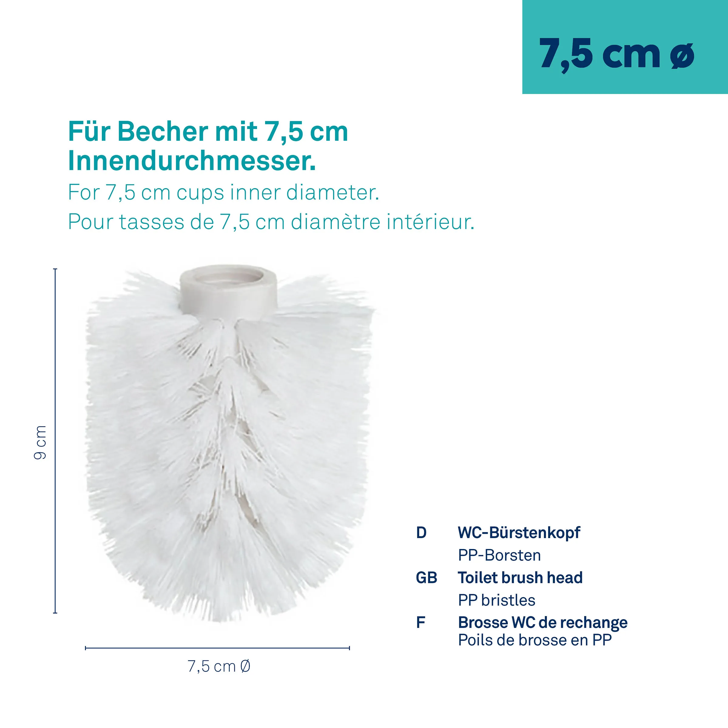 WC-Bürstenkopf 7,5 cm Durchmesser PP-Borsten Ersatz WC-Bürstenkopf mit weißen PP-Borsten, 7,5 cm Durchmesser, 9 cm Höhe für Standard-Toilettenbürsten
