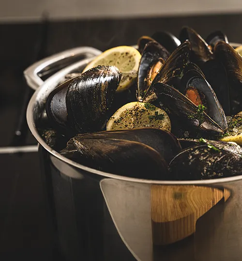 Miesmuscheln kochen im Topf - Frische Meeresfrüchte Zubereitung Frische Miesmuscheln mit Zitronenscheiben in einem Edelstahltopf auf dem Herd, bereit zum Kochen