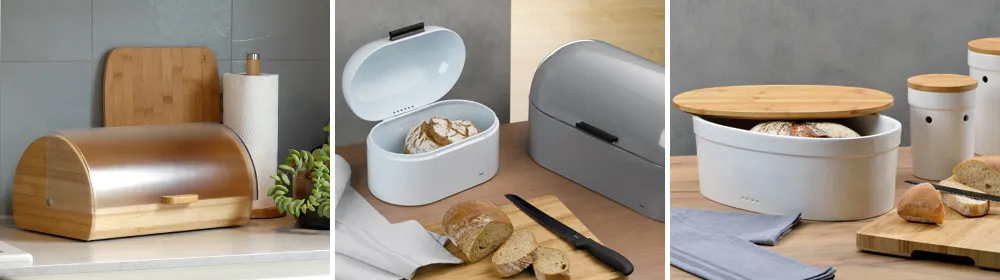 Brotboxen und Brotkästen aus Holz und Kunststoff Holz- und Kunststoff-Brotboxen in verschiedenen Designs mit frischem Brot und Backwaren auf Holzbrettern und Arbeitsplatten.