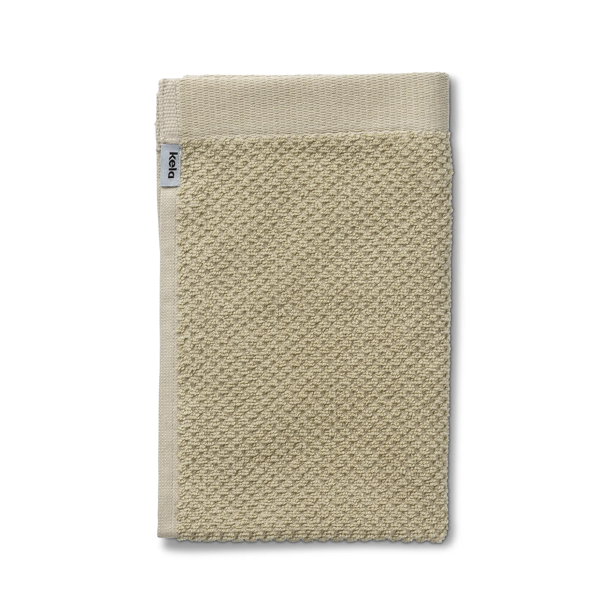 Beige Waffelpiqué-Handtuch mit strukturiertem Muster und Kela-Etikett auf weißem Hintergrund