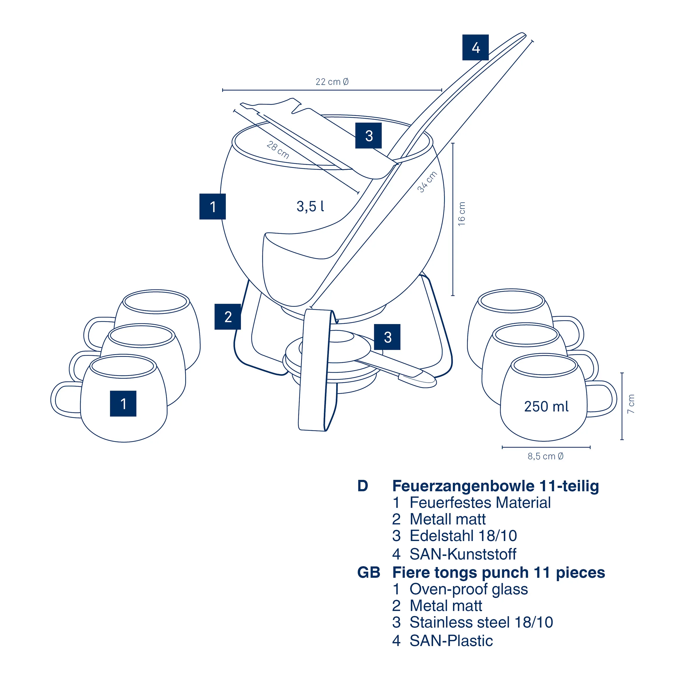 Feuerzangenbowle Set 11-teilig mit Gläsern und Zange Feuerzangenbowle 11-teilig mit Gläsern, Zuckerhut-Halter und Zange. Edelstahl und feuerfestes Material.