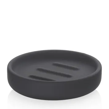 Schwarze Keramik-Seifenschale mit Rillen für optimale Wasserablauf auf weißem Hintergrund