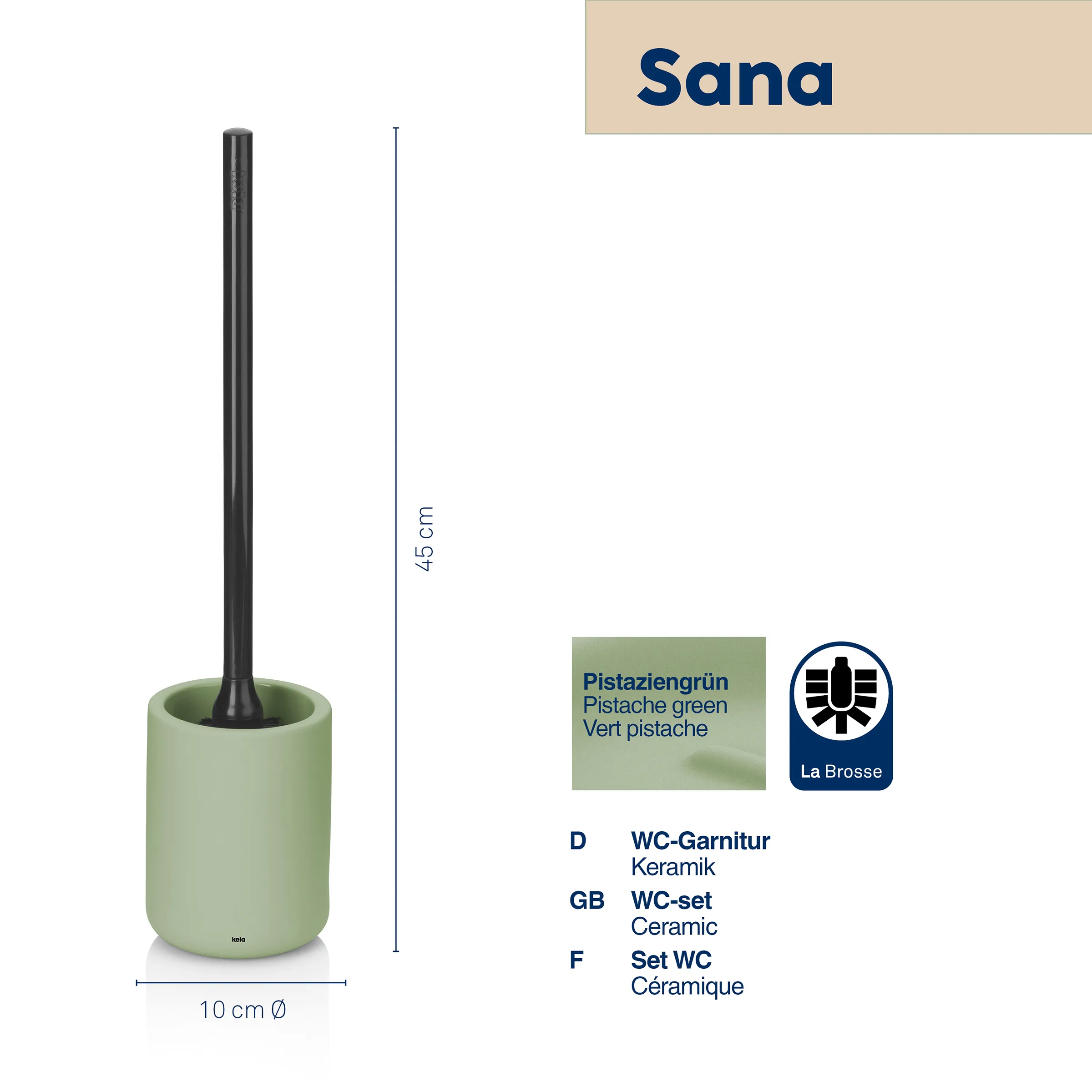 WC-Garnitur Keramik Pistaziengrün 45cm - Sana Toilettenbürste Sana WC-Garnitur aus pistaziengrüner Keramik mit schwarzer Bürste, 45 cm hoch, 10 cm Durchmesser