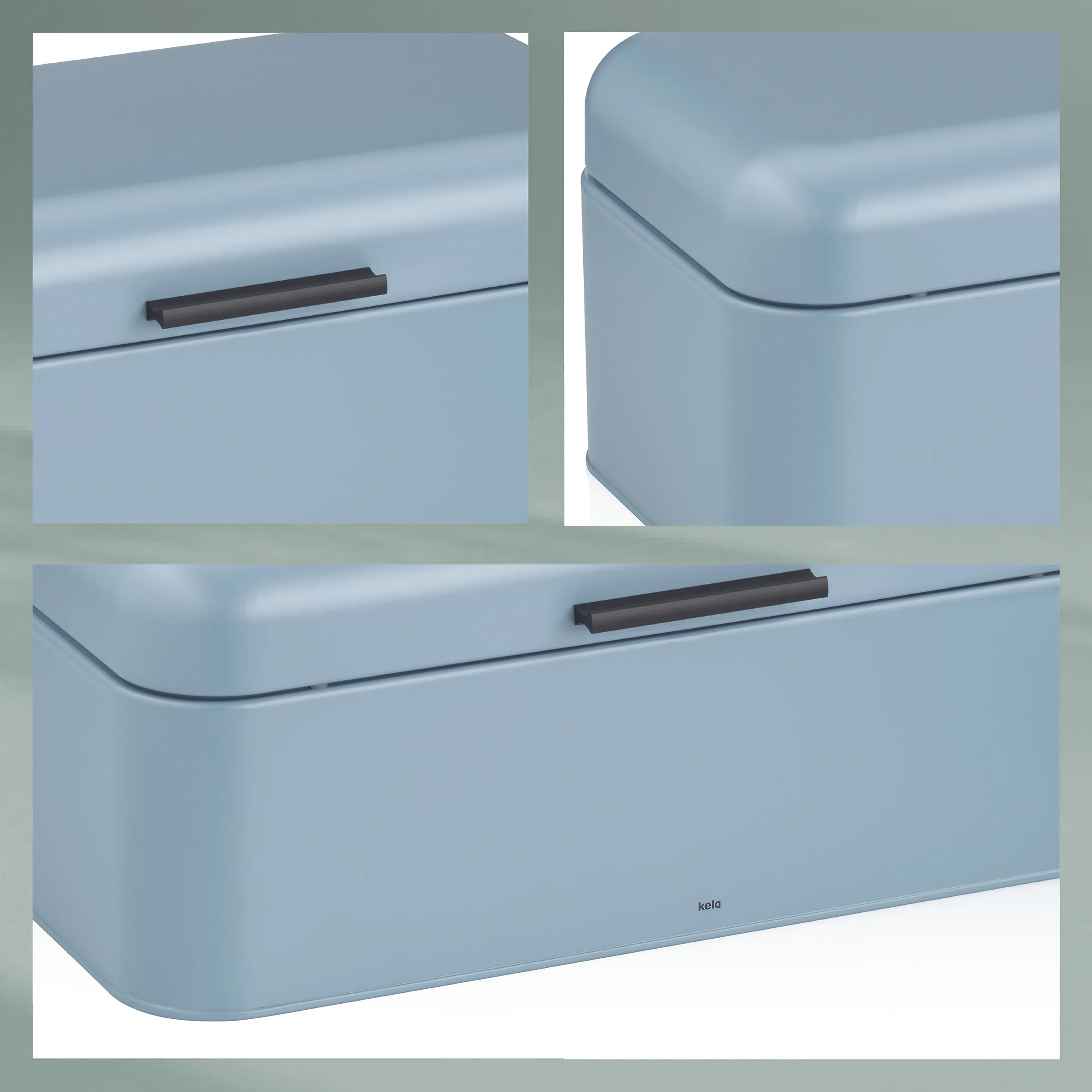 Kela Brotbox Blau mit Holzgriff - Moderne Brotdose Blaue Kela Brotbox mit braunem Griff und abgerundeten Kanten in drei Detailansichten