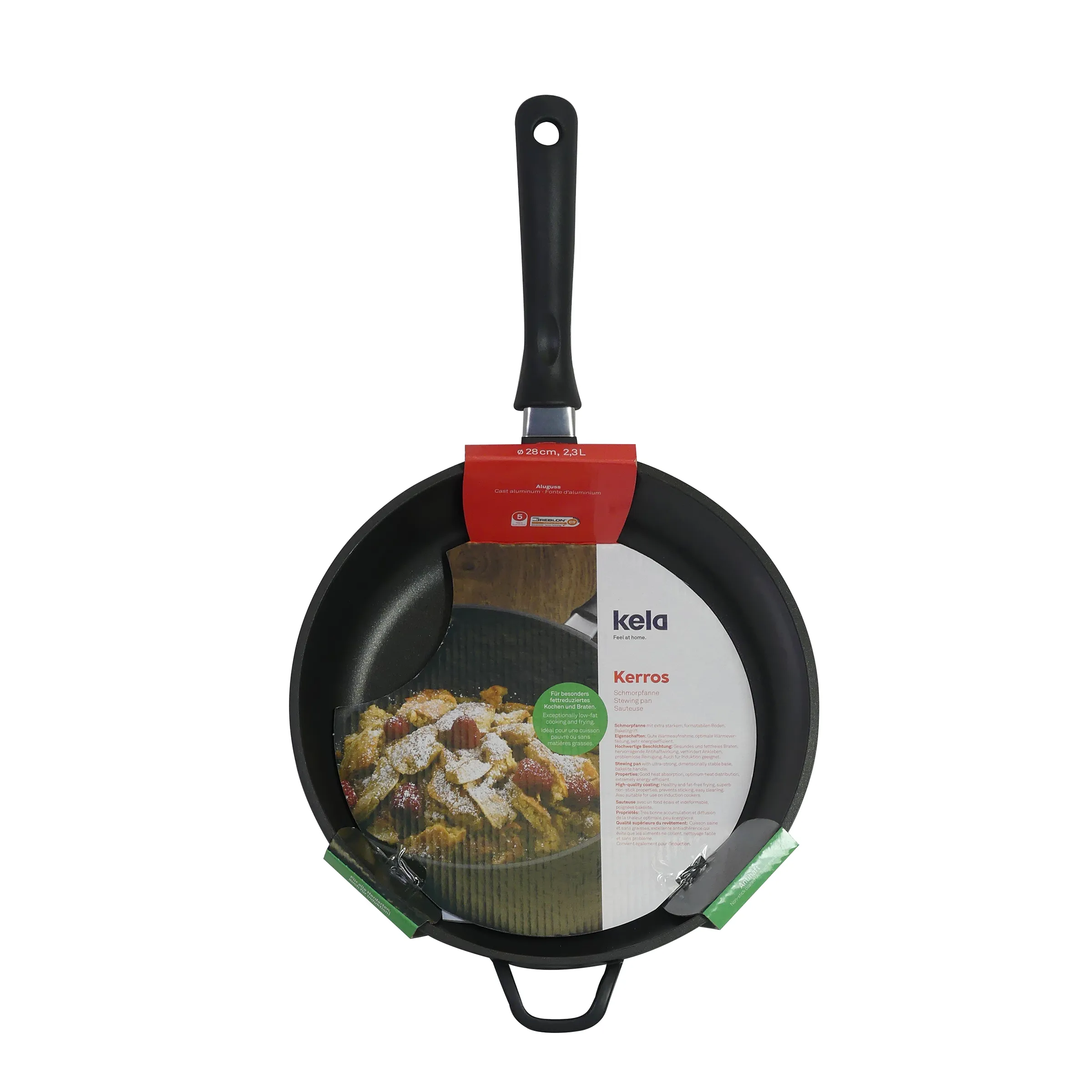 Kela Kerros Bratpfanne 28cm - Hochwertige Pfanne für die Küche Schwarze Kela Kerros Bratpfanne 28cm mit schwarzem Griff, roten und grünen Griffen, Produktverpackung und gekochtem Gemüse sichtbar