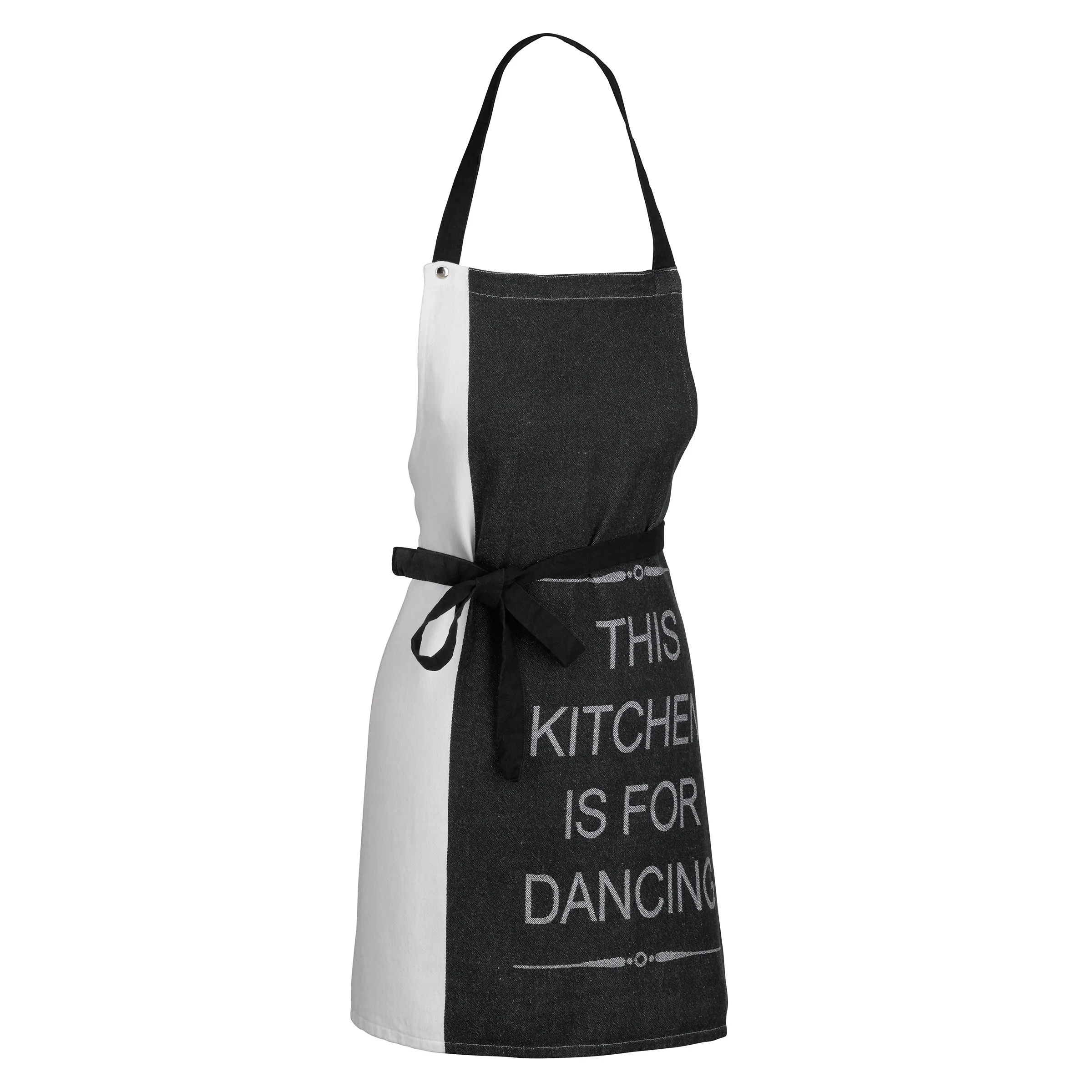 Kochschürze mit Spruch - This Kitchen is for Dancing Schwarze und weiße Kochschürze mit schwarzer Schleife und Text 'This Kitchen is for Dancing'