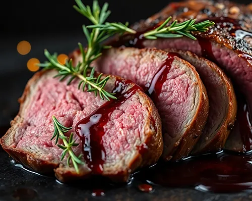 Roastbeef Steak medium rare geschnitten Geschnittenes Roastbeef mit rosa Kern, garniert mit Rosmarinzweigen und roten Soßenflecken auf dunklem Untergrund