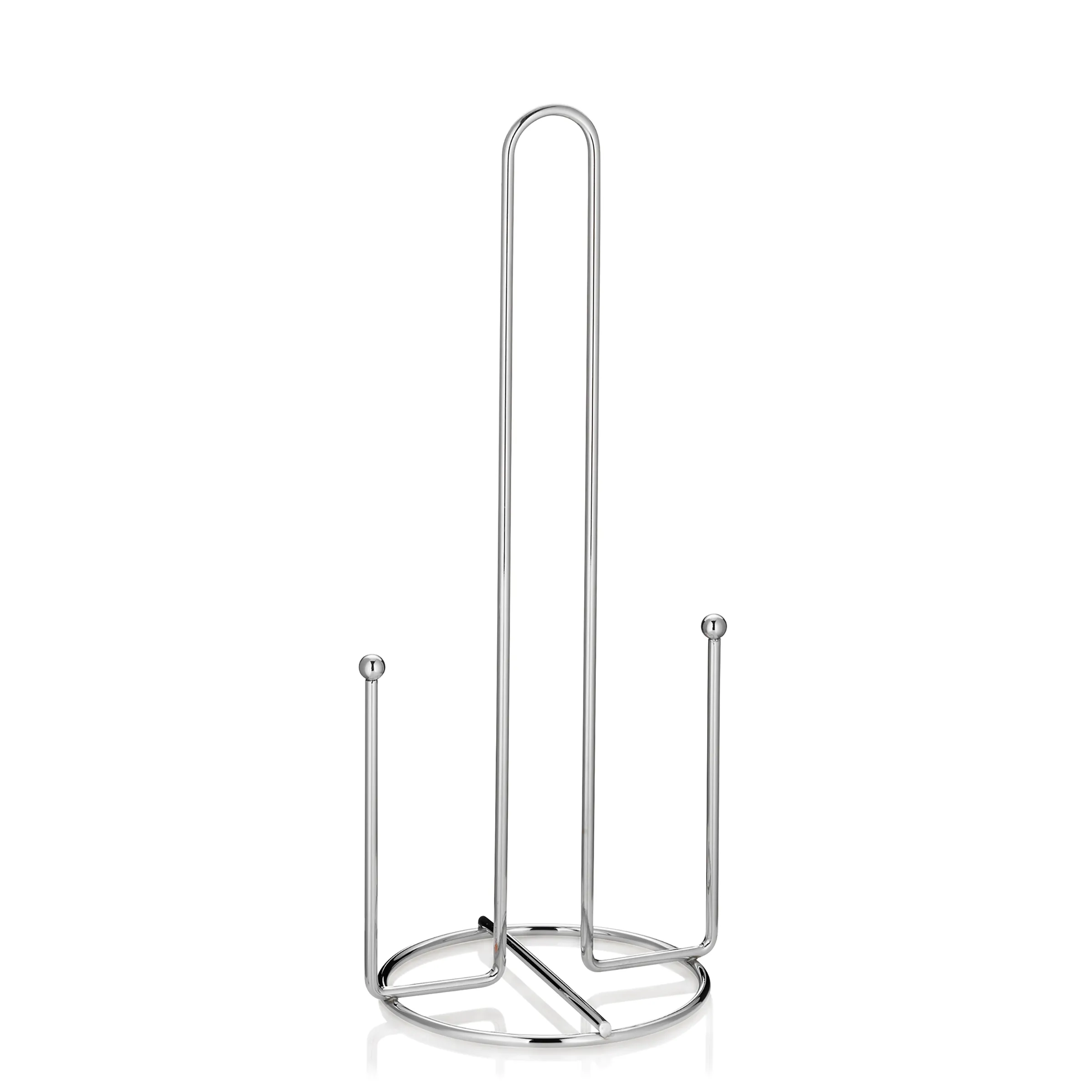 Küchenrollenhalter aus Edelstahl mit modernem Design Silberner Küchenrollenhalter mit U-förmigem Design und stabilem Fuß auf weißem Hintergrund