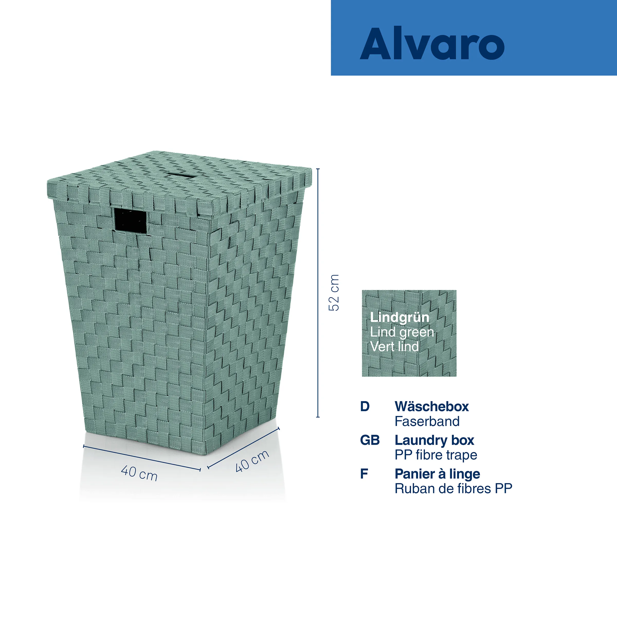 Alvaro Wäschebox lindgrün 52cm - Wäschekorb geflochten mit Deckel Alvaro Wäschebox lindgrün, 52 cm hoch, 40x40 cm, geflochtenes PP-Faserband mit Deckel und Tragegriff