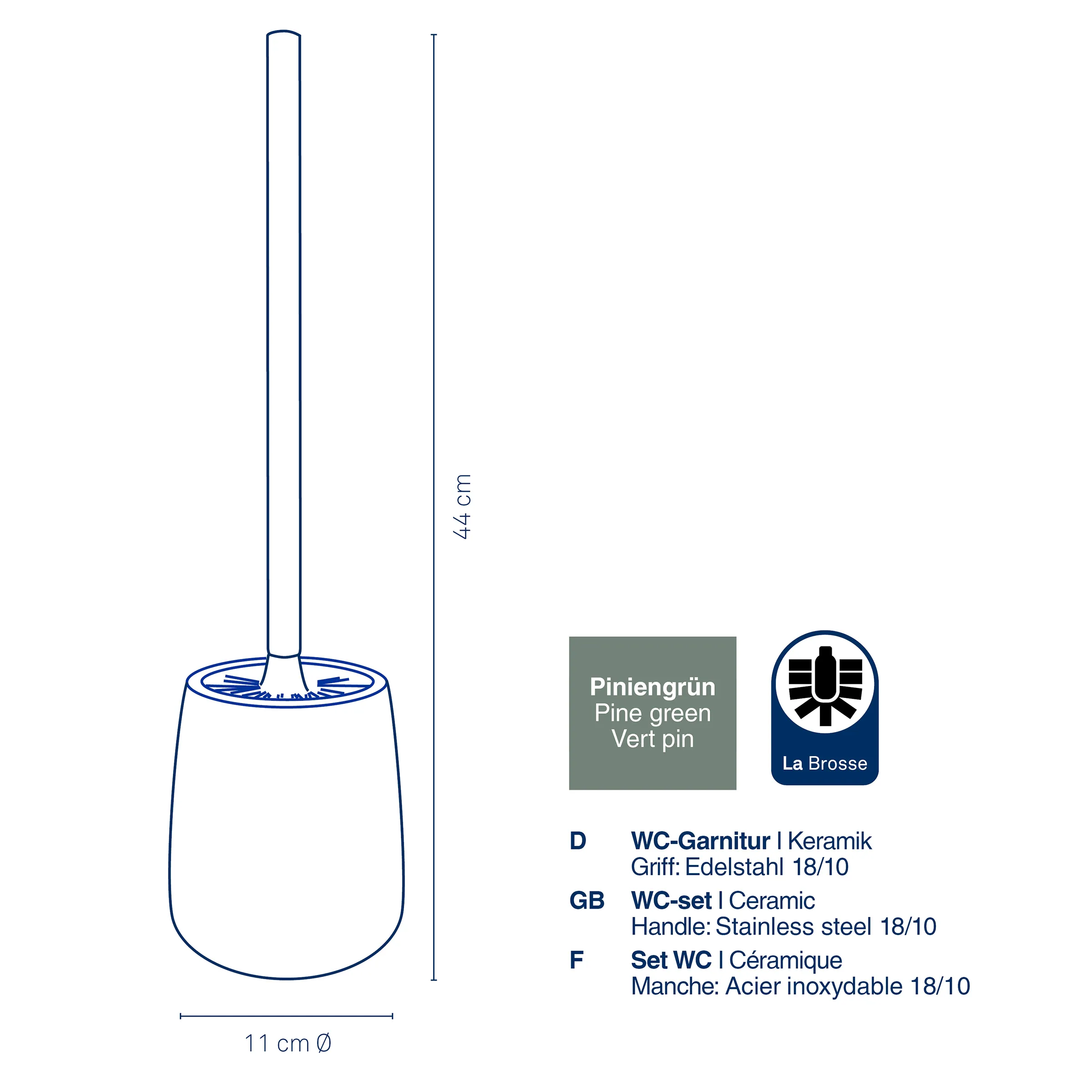 WC-Bürste Keramik Piniengrün - Premium Toilettenbürste WC-Bürste mit weißem Keramikbehälter, Edelstahlgriff und Piniengrün-Farbe, 44 cm Höhe, 11 cm Durchmesser