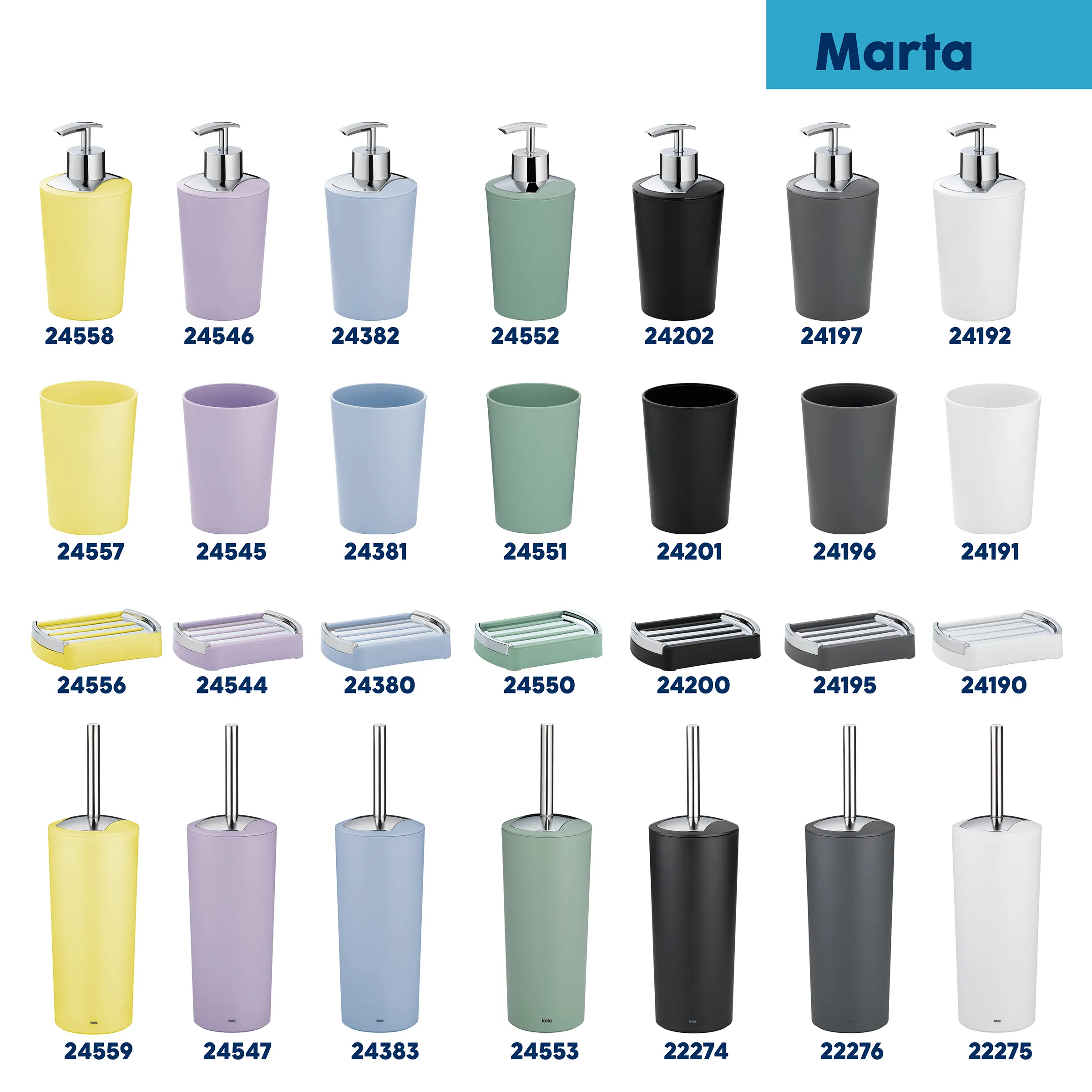 Marta Badezimmer-Set 4-teilig in 7 Farben - Seifenspender, Becher, Seifenschale, WC-Bürste Marta Badezimmer-Zubehör-Set in 7 Farben: Seifenspender, Becher, Seifenschale und WC-Bürste mit Produktnummern