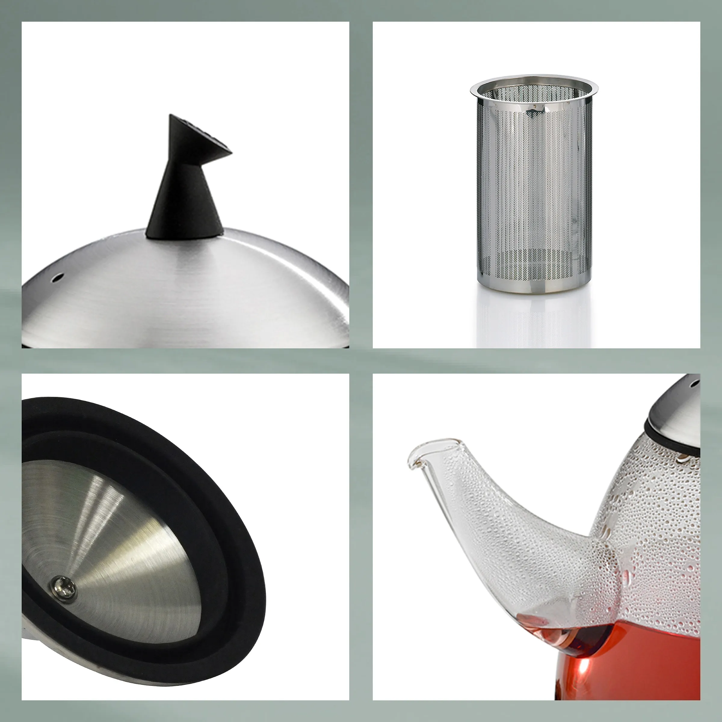 Teekanne mit Sieb und Glasausguss - Detail-Produktansicht Teekanne mit schwarzem Deckel, Edelstahl-Sieb und Glasausguss in vier Detailansichten auf weißem Hintergrund