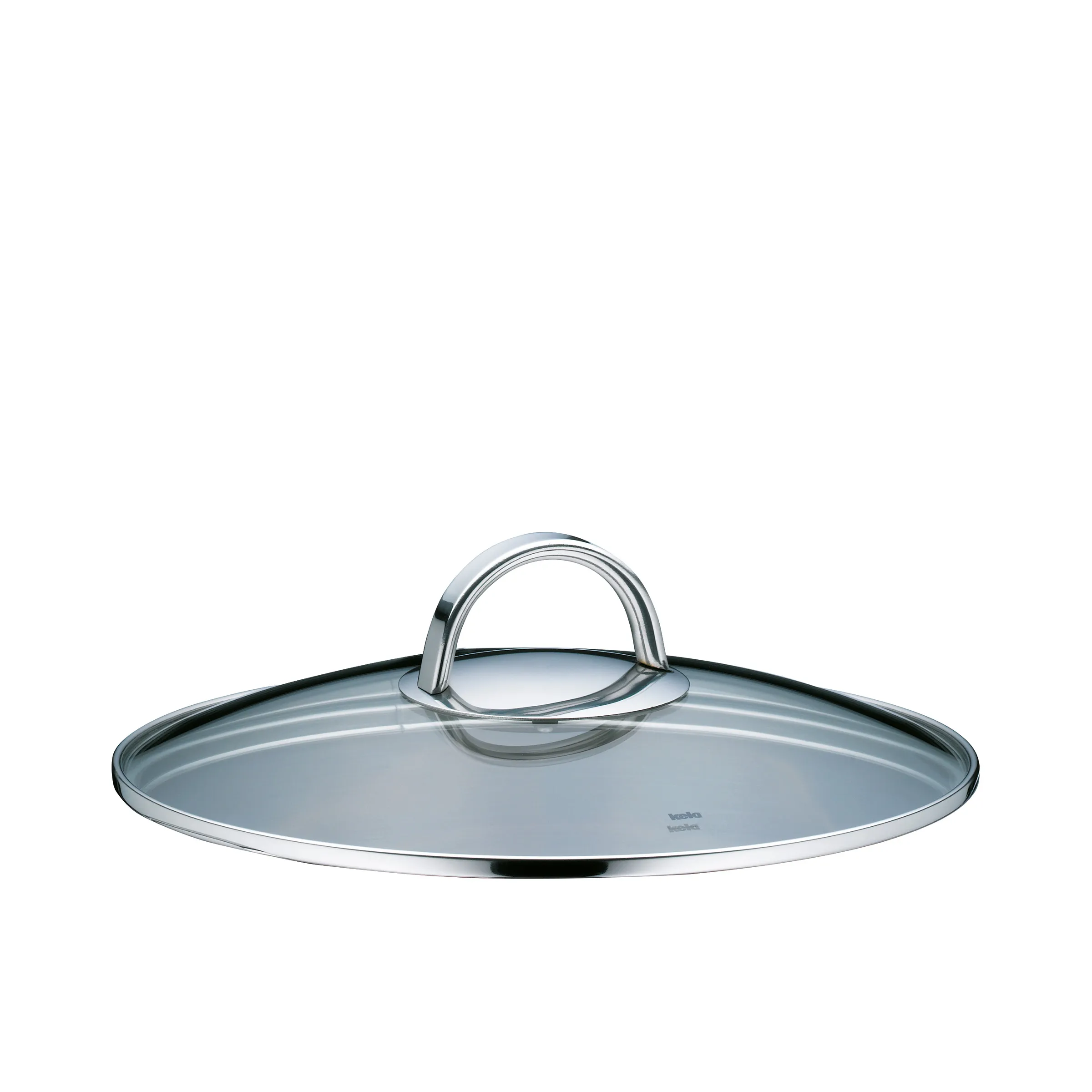 Glasdeckel für Topf - Kochdeckel mit Metallrand Transparenter Glasdeckel mit silbernem Metallrand und gebogenem Griff auf weißem Hintergrund