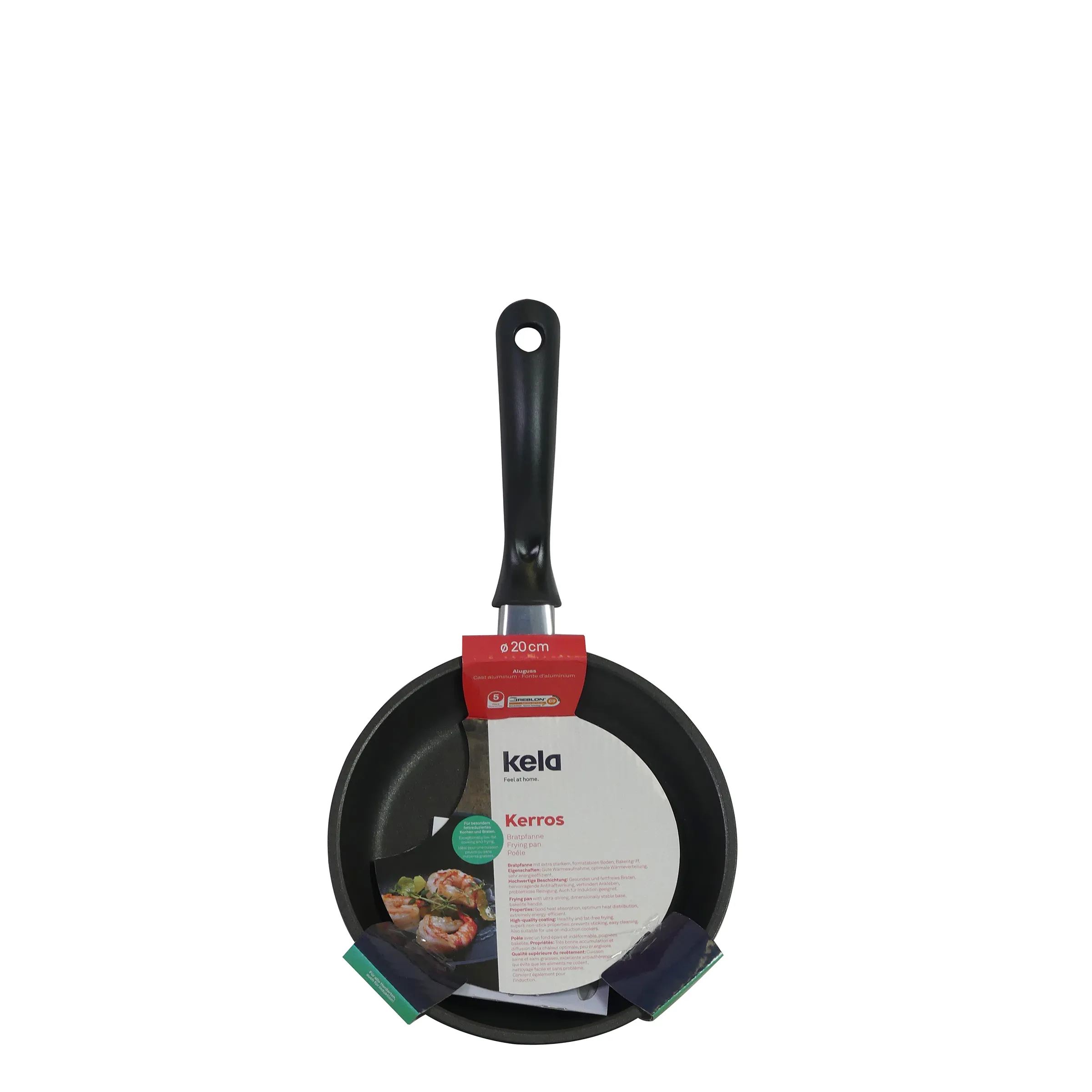 Kela Kerros Bratpfanne 20 cm Durchmesser mit schwarzem Griff und Produktverpackung auf weißem Hintergrund