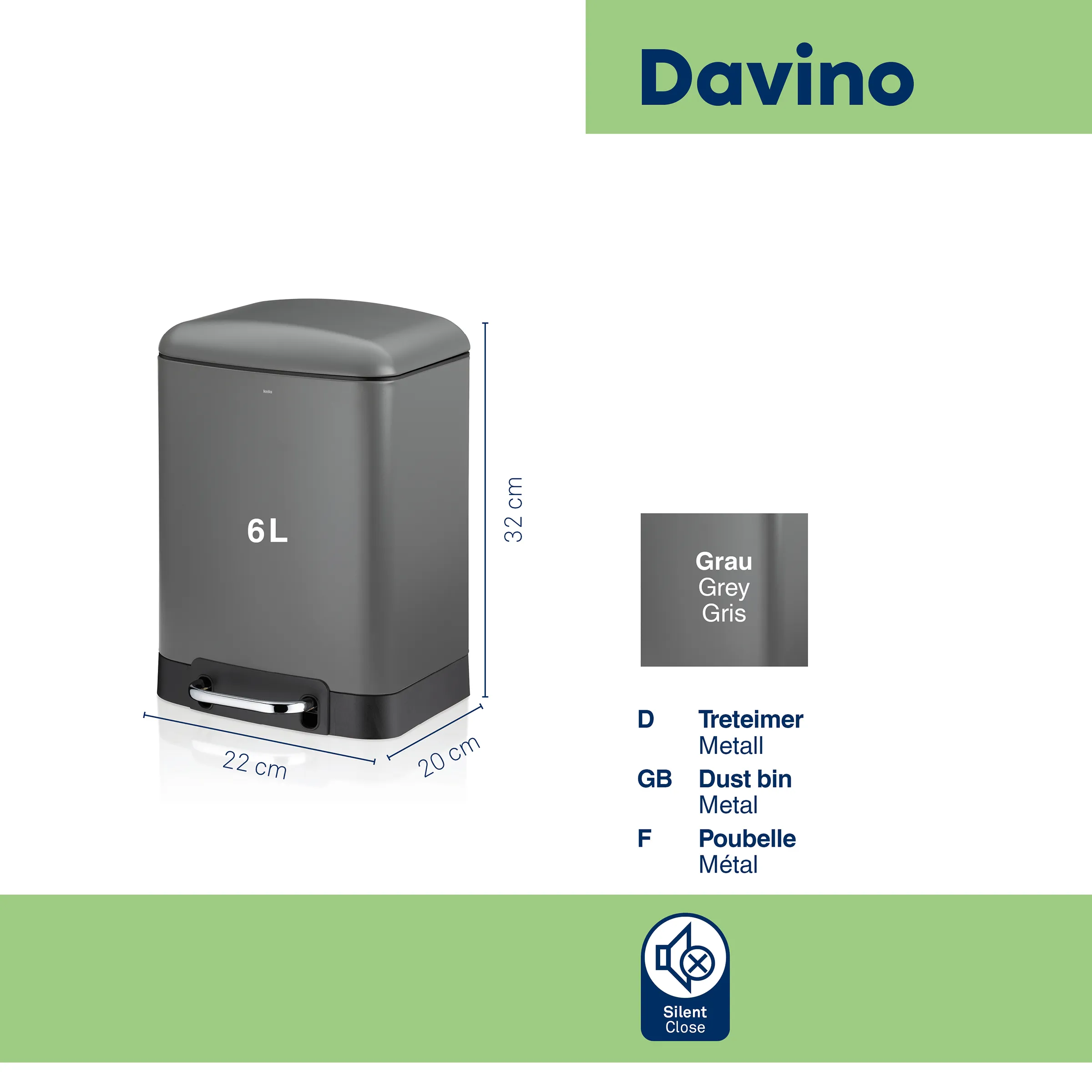 Davino 6L Tretmülleimer grau Metall Davino 6L Tretmülleimer aus grauem Metall mit Pedal und schwarzem Fuß, 32 cm hoch