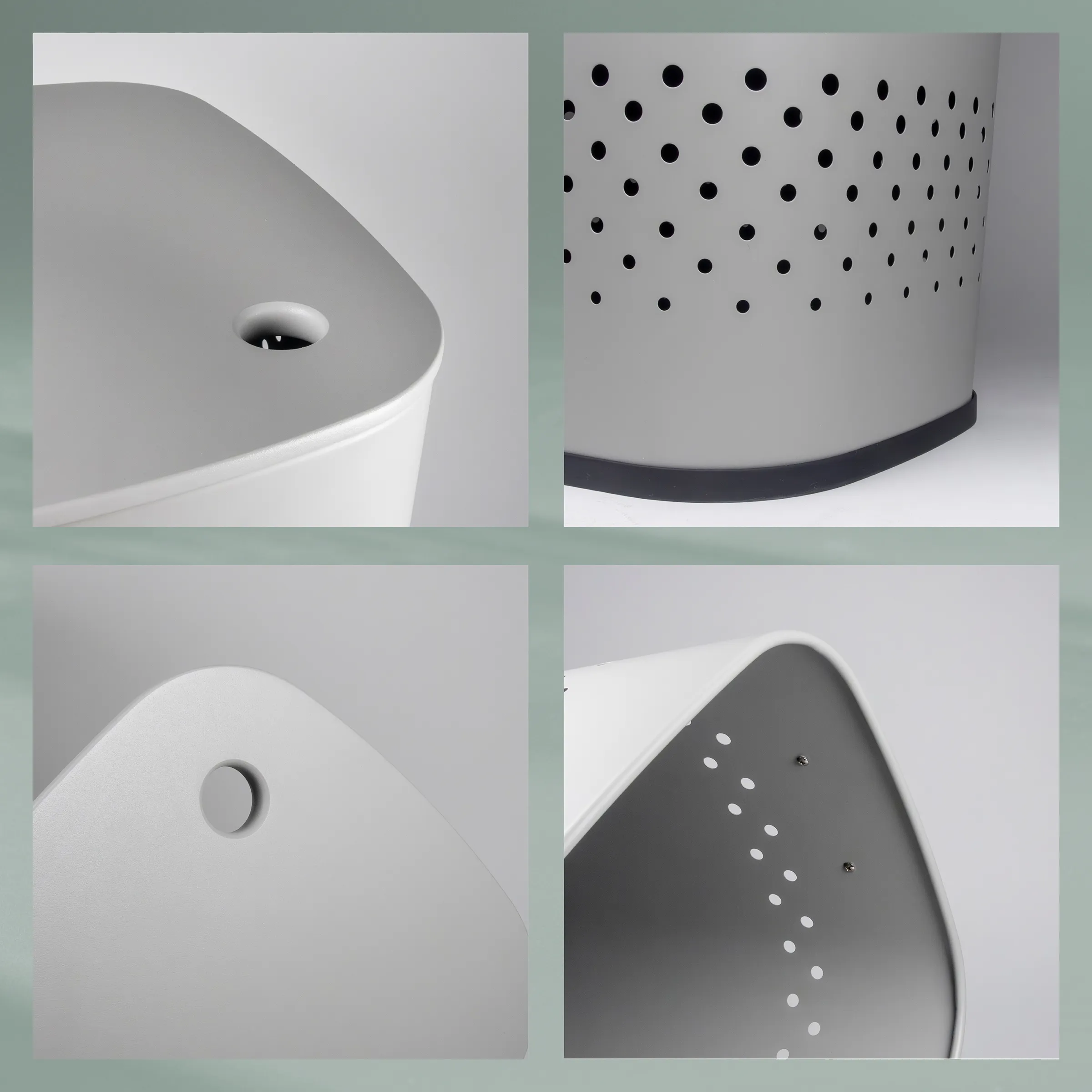 Detailaufnahmen eines weißen Kunststoffprodukts mit Perforationen und glattem Deckel mit Ablaufloch