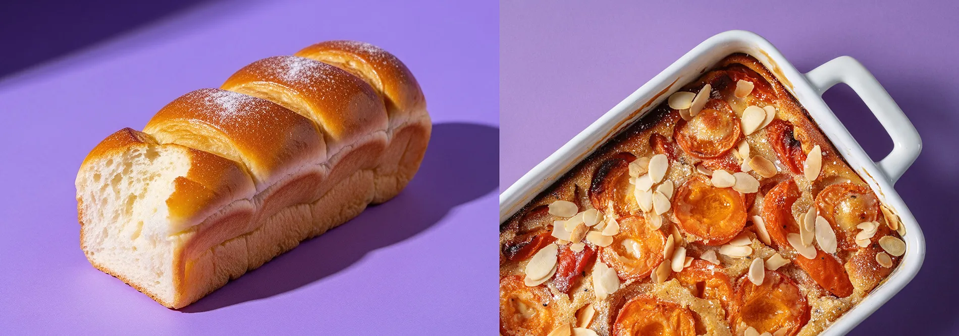 Artisan Brot und Mandelgebäck - Premium Backwaren Links ein aufgeschnittenes Weißbrot mit goldbrauner Kruste, rechts ein Gebäck mit Mandeln und getrockneten Aprikosen in weißer Form auf violettem Hintergrund.