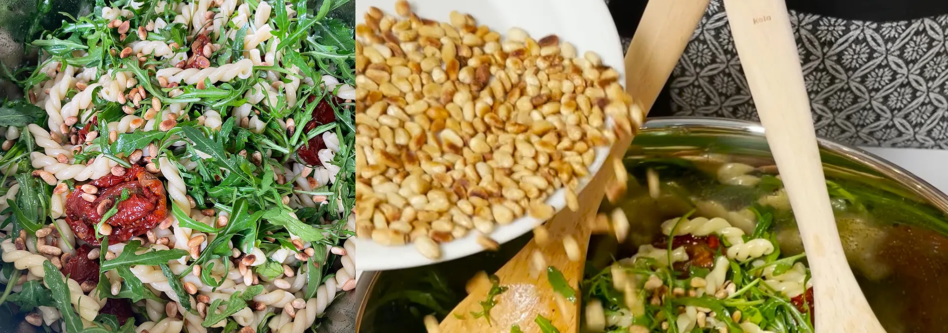 Gesunde Bowl-Gerichte mit Reis, Salat und gerösteten Nüssen Drei Bowl-Gerichte mit Reis, Salat, Nüssen und Gemüse auf gemusterter Tischdecke