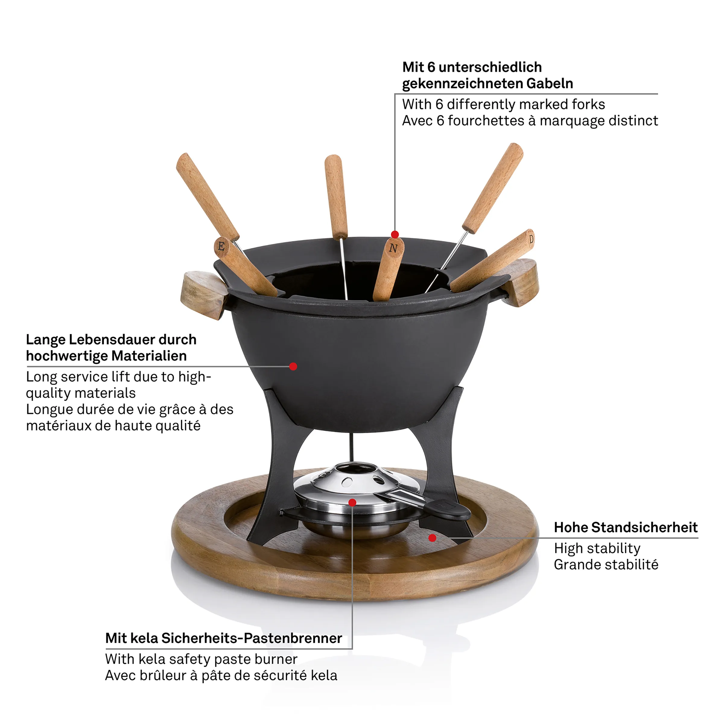 Schwarzes Fondue-Set mit Keramiktopf, Holzbrett, Metallbrenner und 6 unterschiedlich gekennzeichneten Holzgabeln