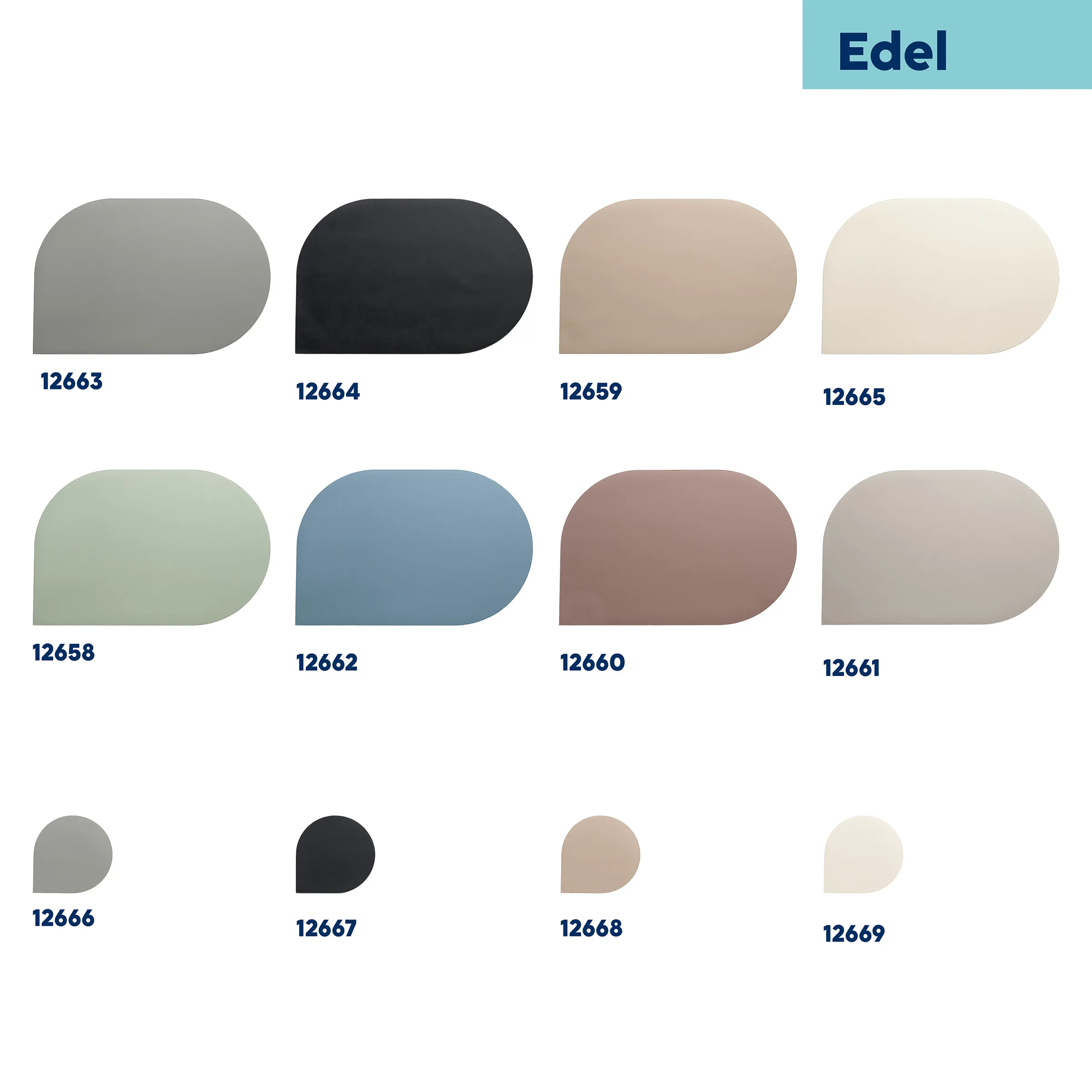 Edel Farbpalette Übersicht - Wandfarben und Lacke Farbmuster Edel Farbpalette mit 12 verschiedenen Farbtönen von Grau über Blau bis Beige, nummeriert 12658-12669