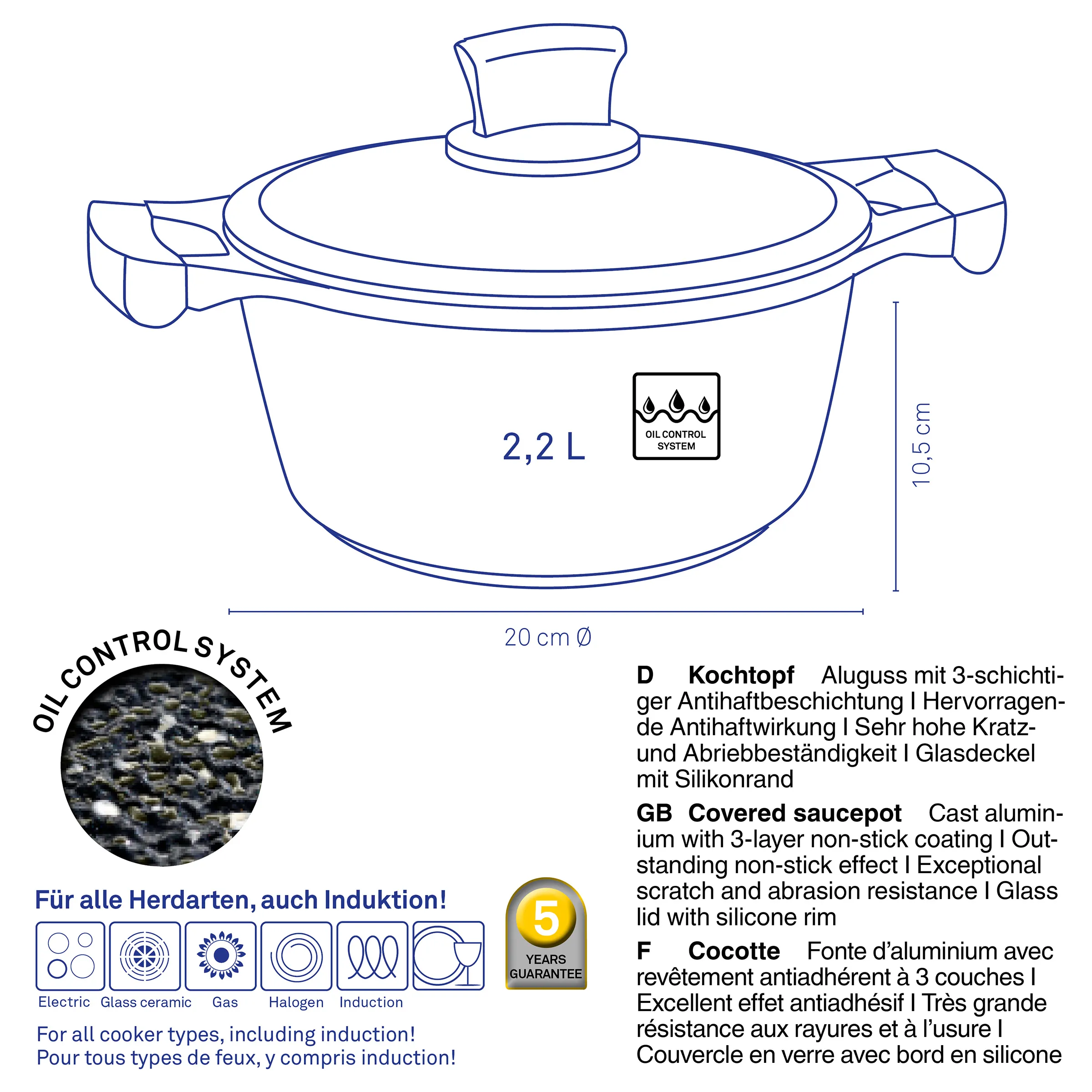 Kochtopf Aluguss 2,2L mit Antihaftbeschichtung und Glasdeckel - induktionsgeeignet Aluguss-Kochtopf 2,2L mit Glasdeckel, 20cm Durchmesser, Antihaftbeschichtung, für alle Herdarten inkl. Induktion