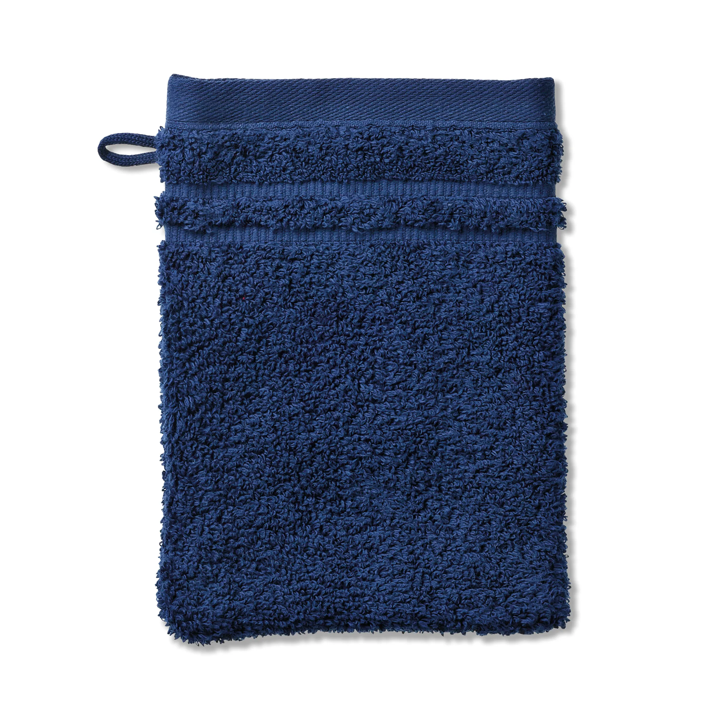Marineblaues Frottier-Waschhandschuh mit Aufhängeschlaufe auf weißem Hintergrund