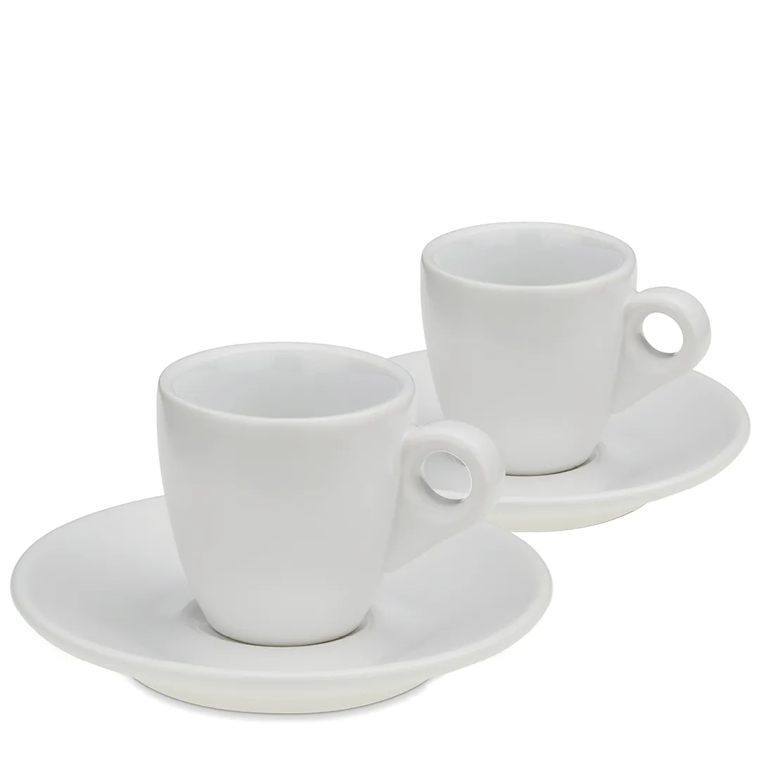 Espressotassen Set Porzellan weiß Zwei weiße Porzellan-Espressotassen mit Untertassen und Griffen, elegant angeordnet auf weißem Hintergrund