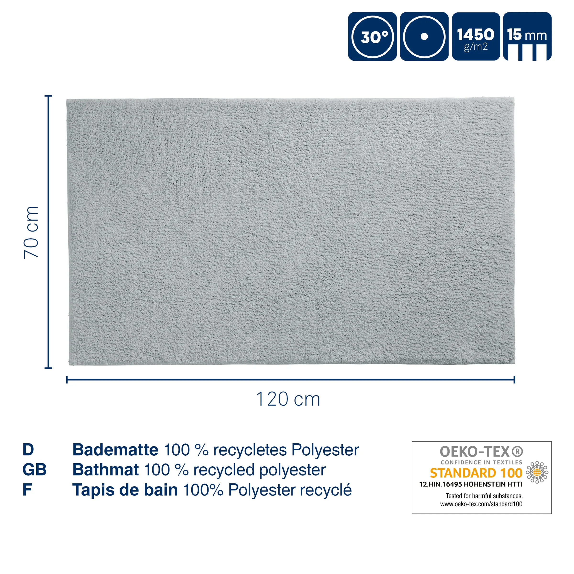 Badematte recyceltes Polyester grau 70x120 cm OEKO-TEX Standard 100 Graue Badematte 70x120 cm aus recyceltem Polyester, 1450 g/m², 15mm Florhöhe, waschbar bei 30°, OEKO-TEX zertifiziert