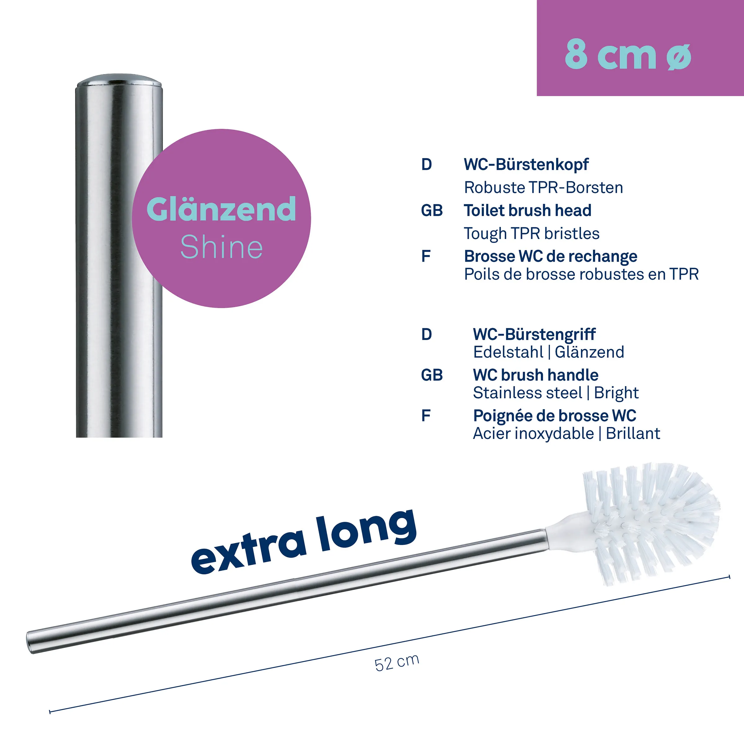 WC-Bürste extra lang 52 cm mit robustem Bürstenkopf Glänzend Shine WC-Bürstenkopf mit 8 cm Durchmesser und extra langer 52 cm Edelstahl-Griff für die Toilettenreinigung