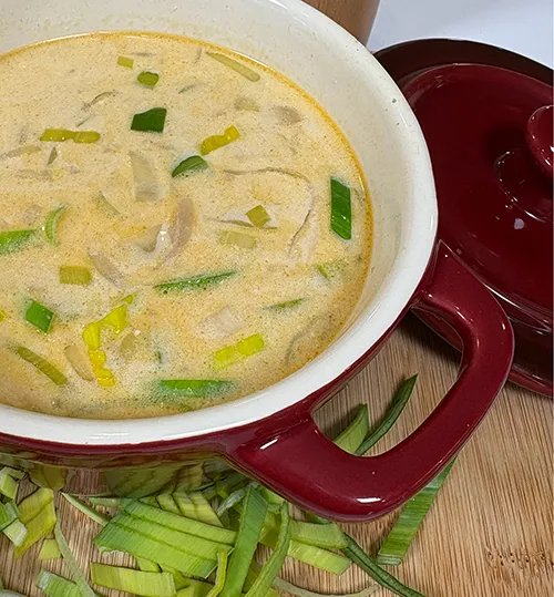 Cremige Kokossuppe mit Pilzen und Frühlingszwiebeln im Schmortopf Cremige Kokossuppe mit Pilzen und Frühlingszwiebeln in einem roten Schmortopf auf Bambusmatte