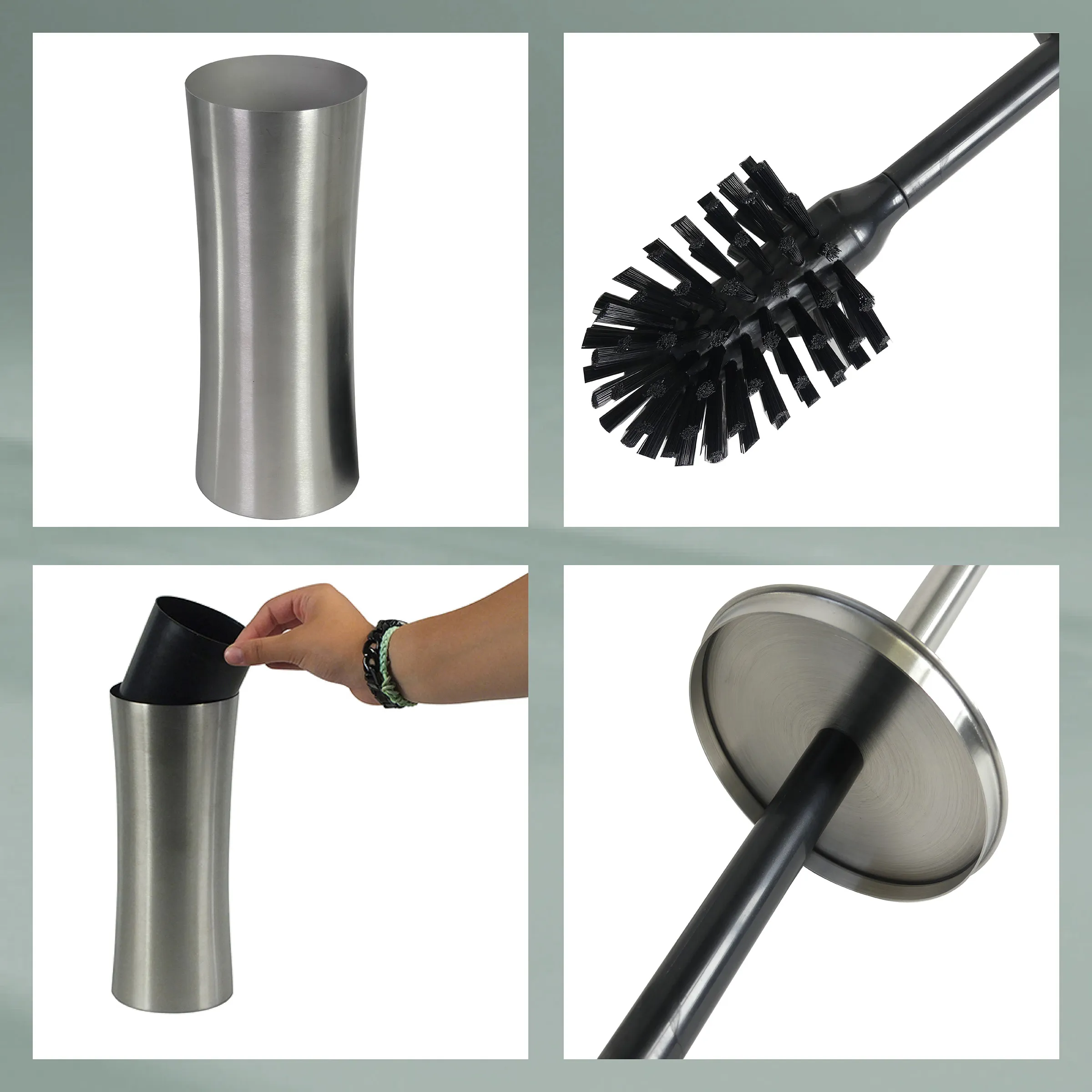 WC-Garnitur Edelstahl mit Toilettenbürste - Design Badezimmer Set Edelstahl WC-Garnitur mit Bürste und Halter, vierteiliges Set mit Details der abnehmbaren schwarzen Bürste