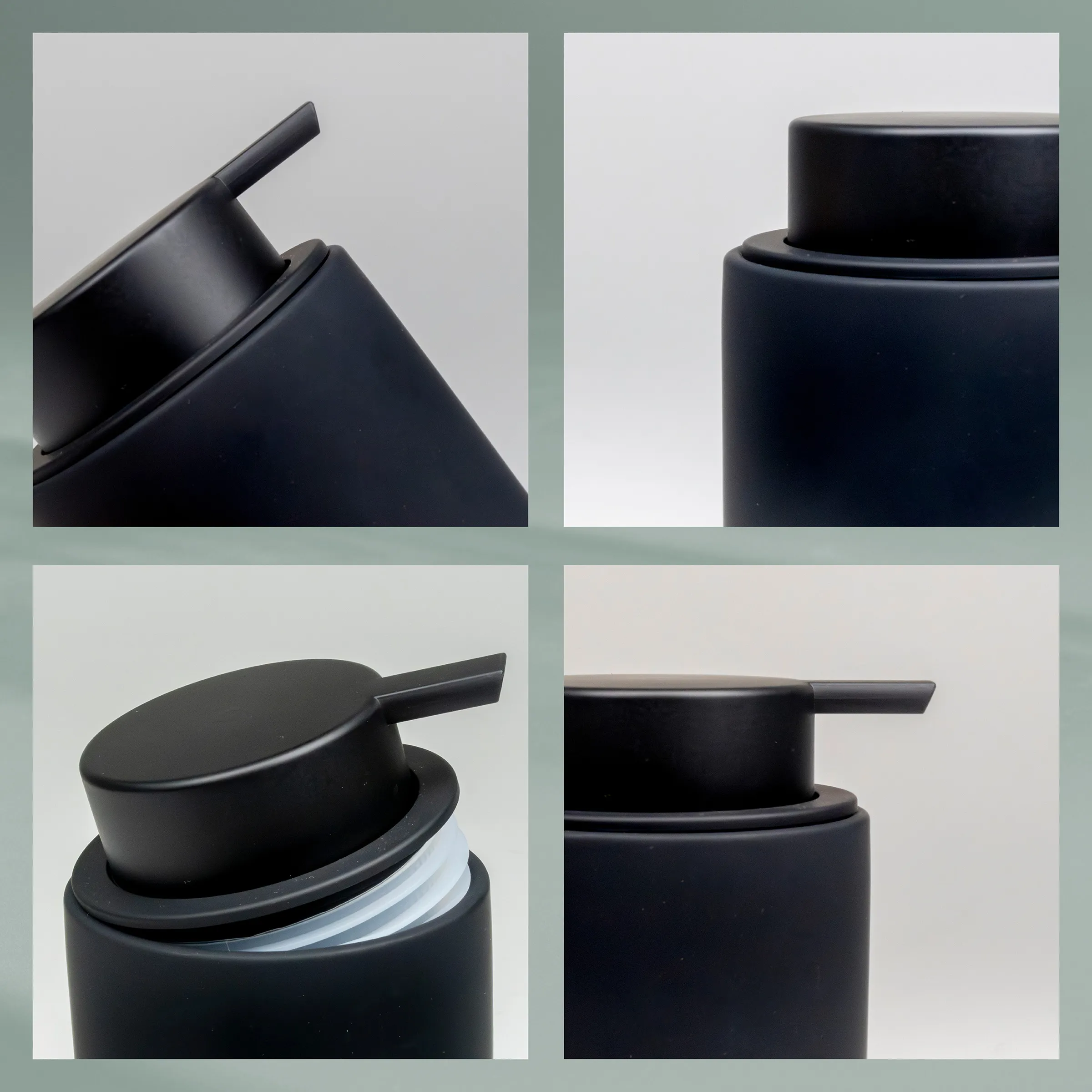 Schwarze Pumpflasche Spender - Kosmetikverpackung Detailansicht Schwarze Pumpflasche mit geöffnetem Spender in vier Detailaufnahmen auf hellem Hintergrund