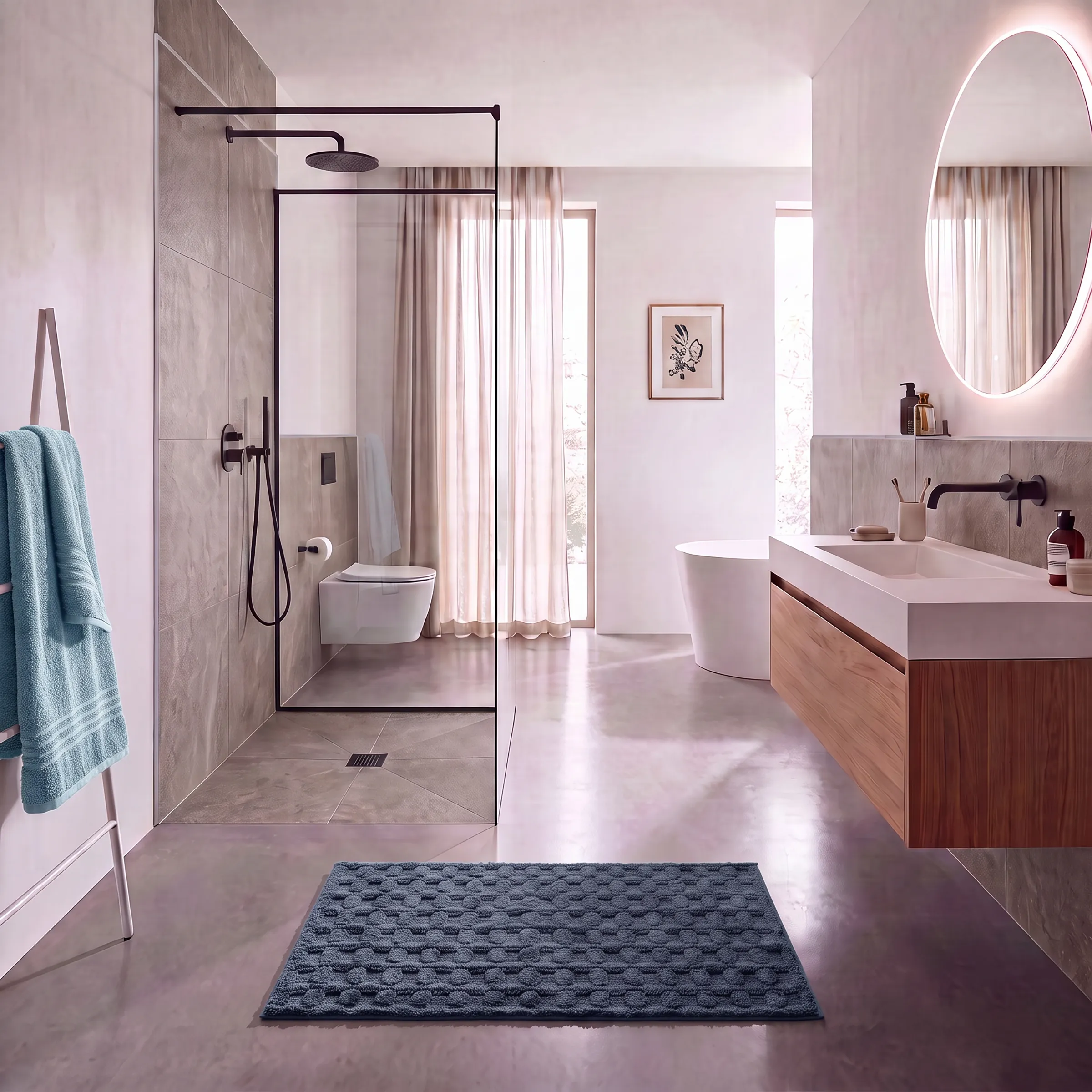 Modernes Badezimmer Design mit Dusche und Waschtisch Modernes Badezimmer mit rosa Wänden, schwarzer Duschkabine, weißem Waschbecken, ovale LED-Spiegel und holzerner Unterschrank