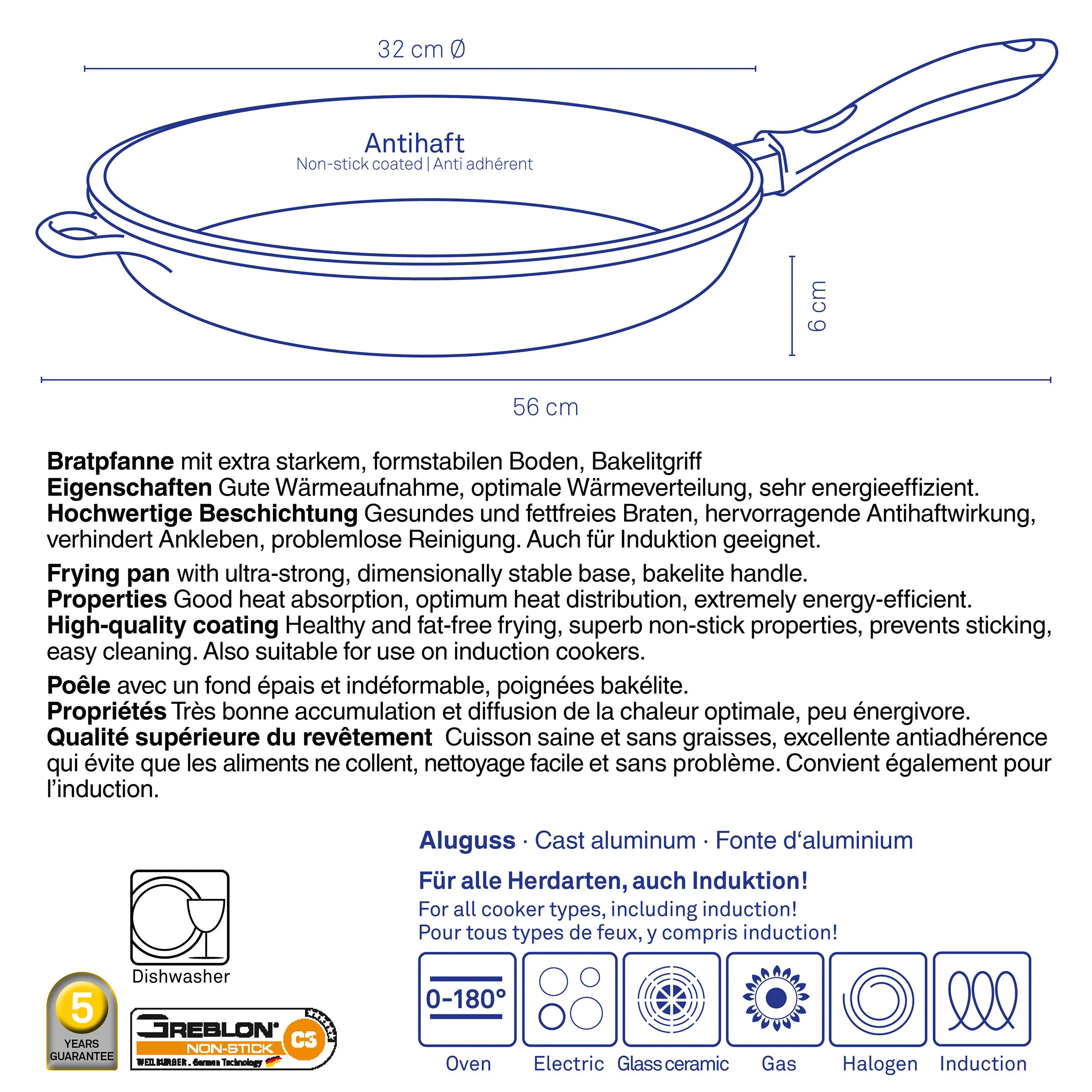 Antihaft-Bratpfanne Aluguss 32cm - Induktion geeignet Antihaft-Bratpfanne Aluguss 32cm Durchmesser mit Bakelitgriff, 6cm Höhe, für alle Herdarten geeignet