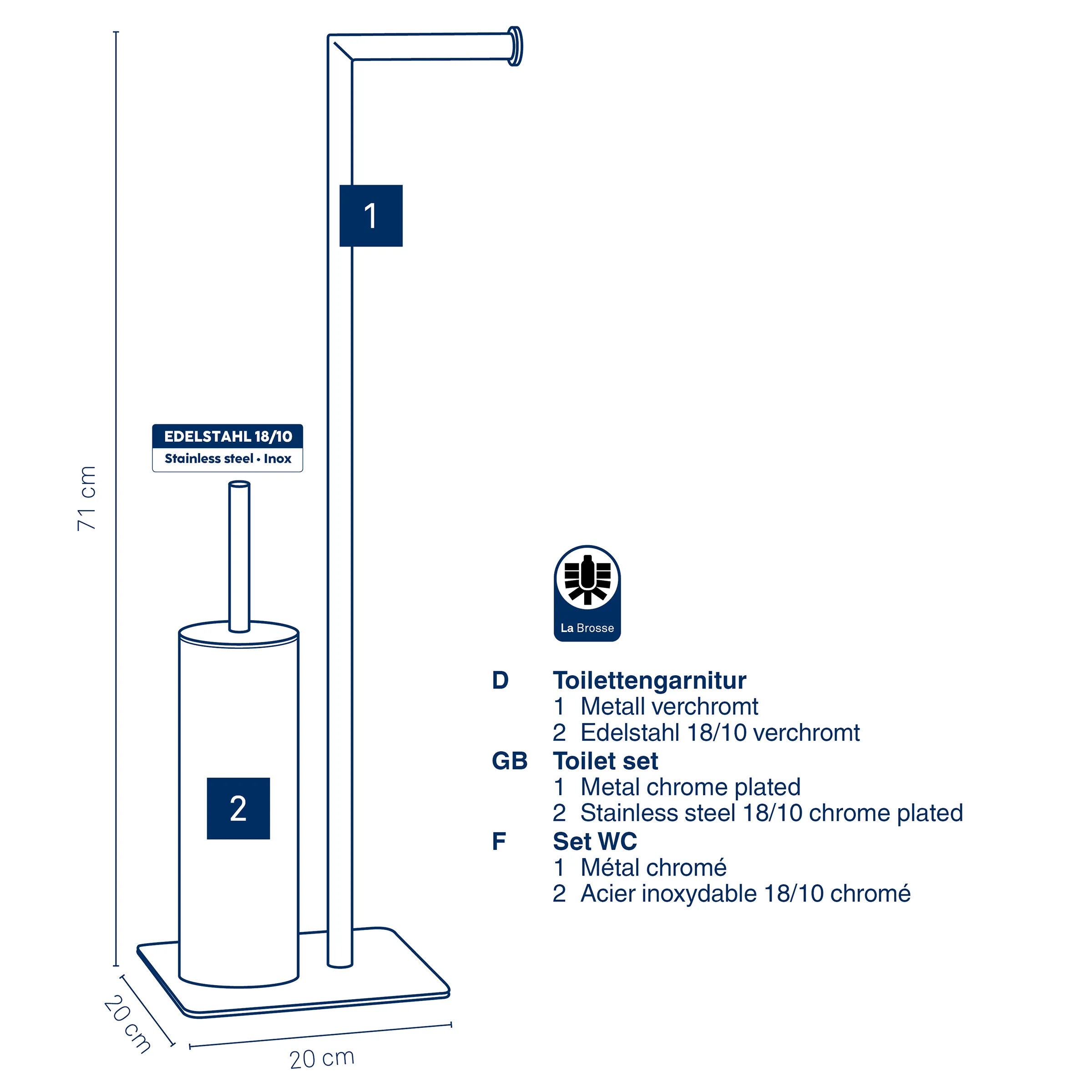 WC-Garnitur Edelstahl freistehend - Toilettenbürste Toilettenpapierhalter Set Technische Zeichnung WC-Garnitur 71cm Edelstahl, freistehend mit Toilettenpapierhalter und Bürste