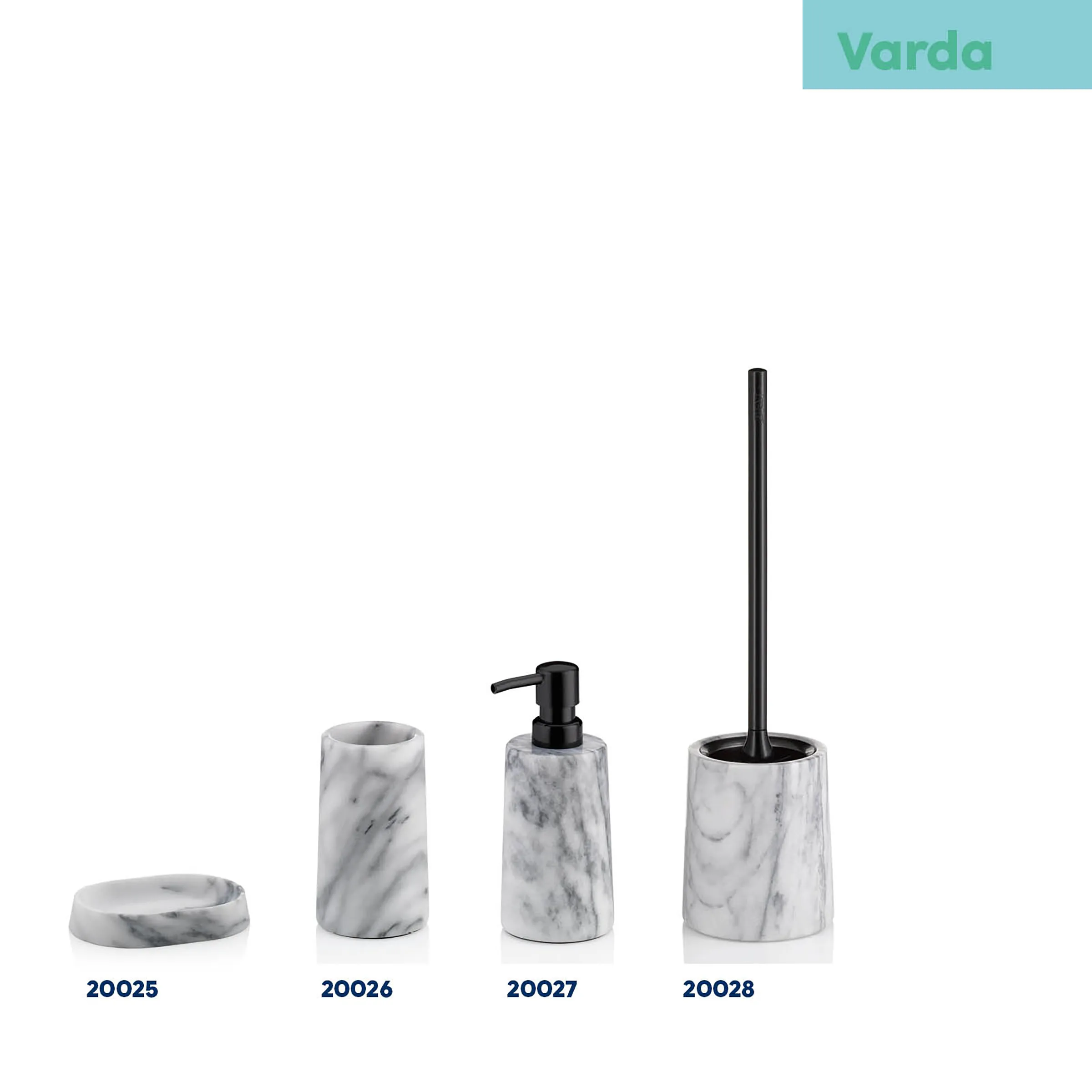Varda Marmor Badezimmer-Accessoires Set mit Seifenschale, Zahnbürstenhalter, Seifenspender und Toilettenbürste