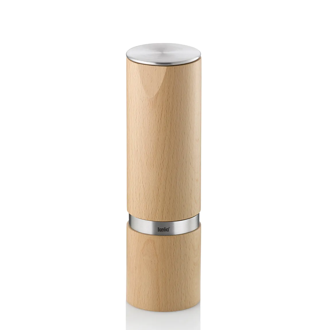 Holz Pfeffermühle - Moderne Gewürzmühle aus Buche Holz-Pfeffermühle mit Edelstahl-Akzenten und mattierter Oberfläche auf weißem Hintergrund