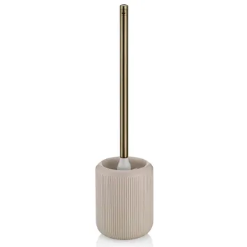 Beige Toilettenbürste mit vertikalem Rillendesign und goldener Metallstange auf weißem Hintergrund.